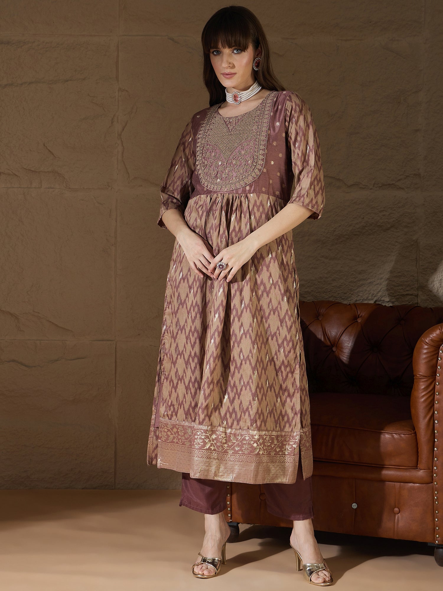 Nirmala Cocoa Cotton Silk Embellished Flared Suit Set