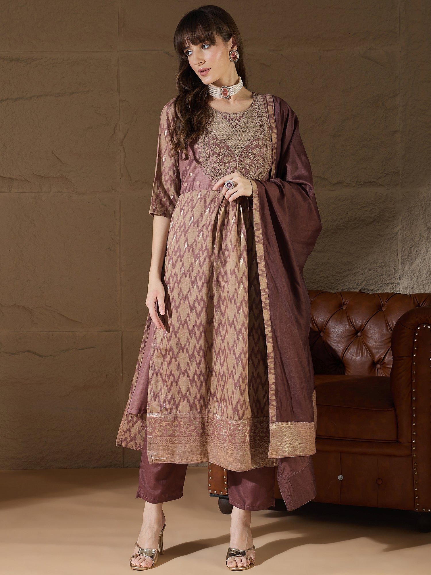 Nirmala Cocoa Cotton Silk Embellished Flared Suit Set