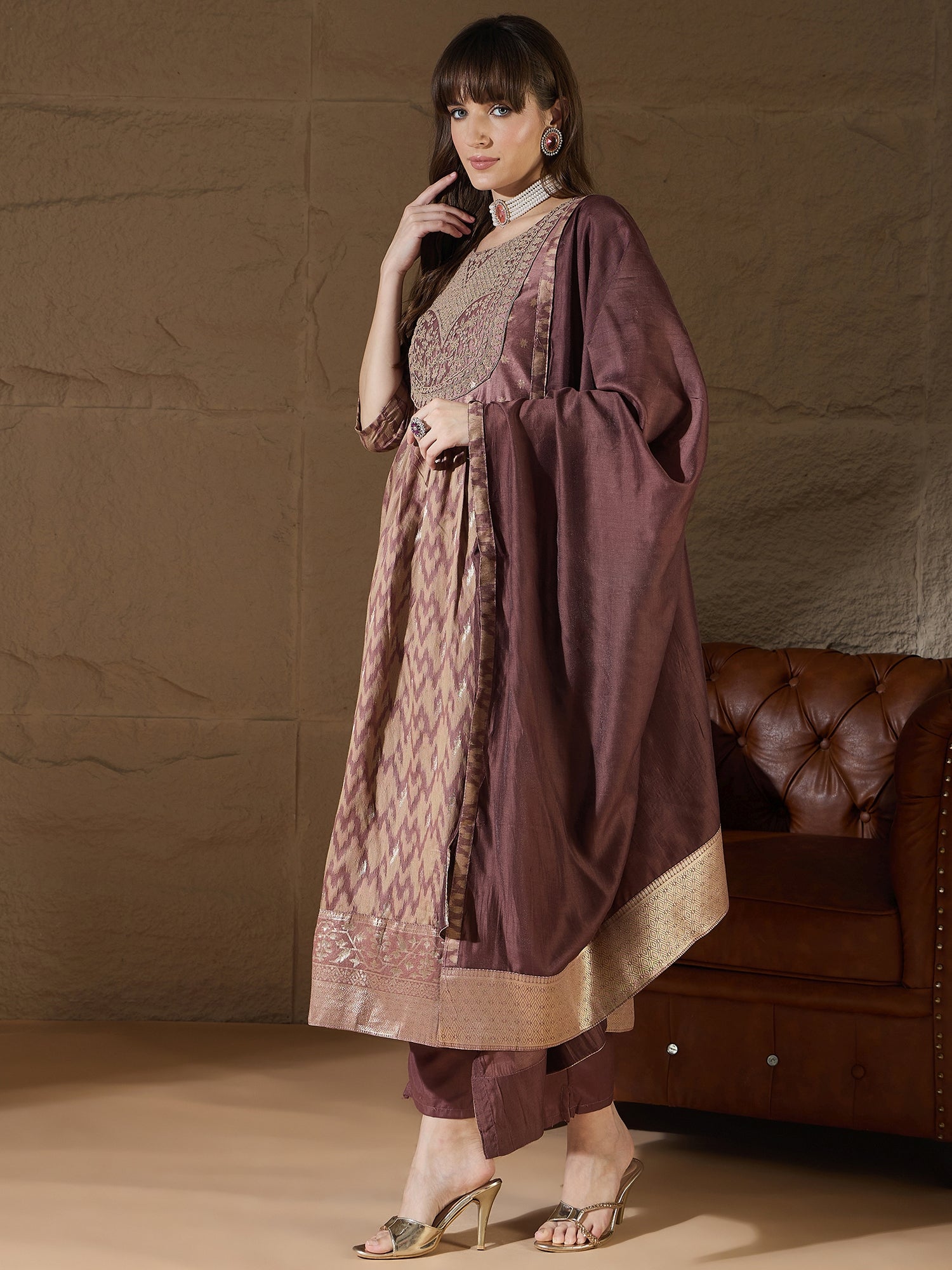 Nirmala Cocoa Cotton Silk Embellished Flared Suit Set