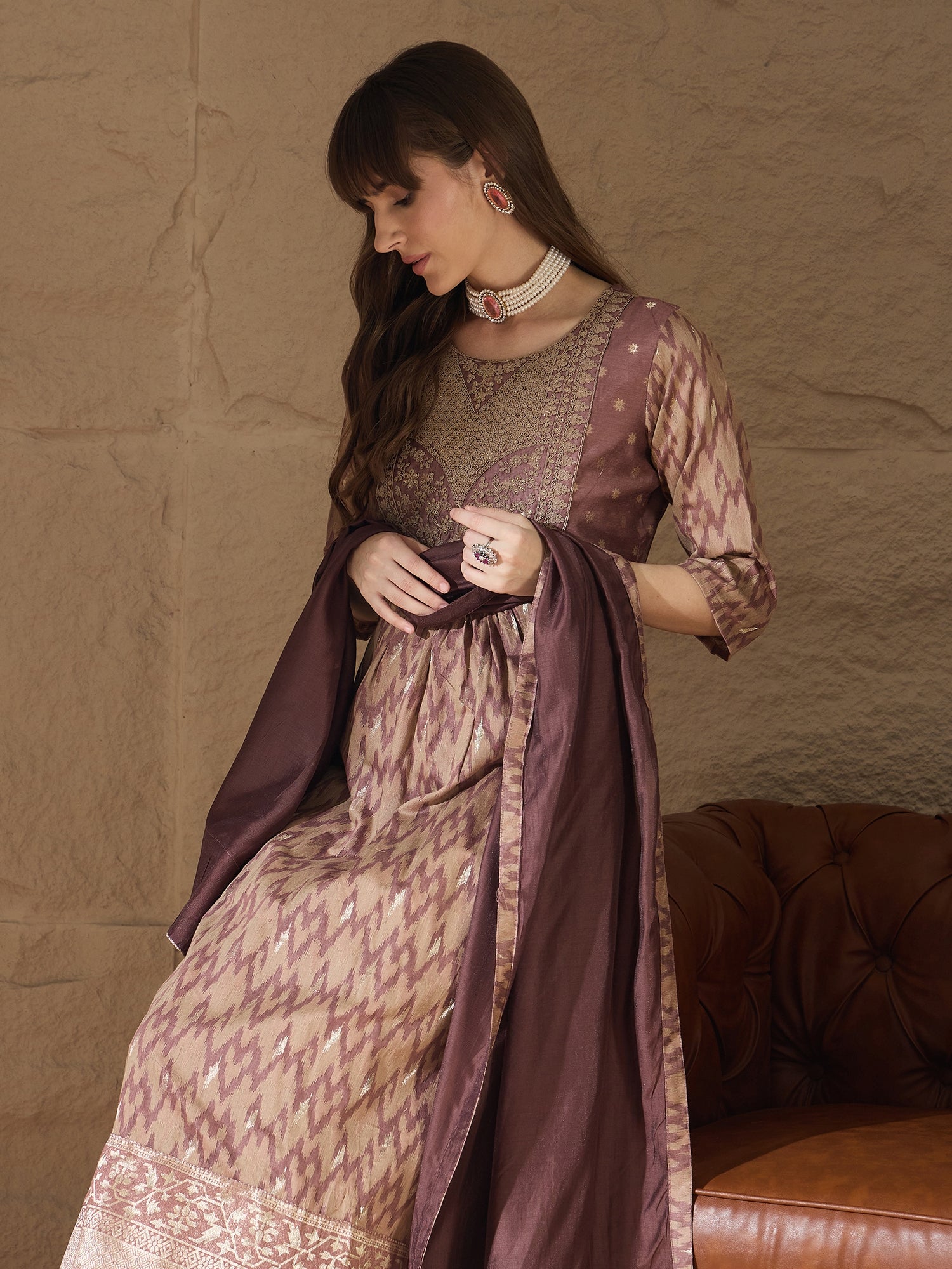 Nirmala Cocoa Cotton Silk Embellished Flared Suit Set