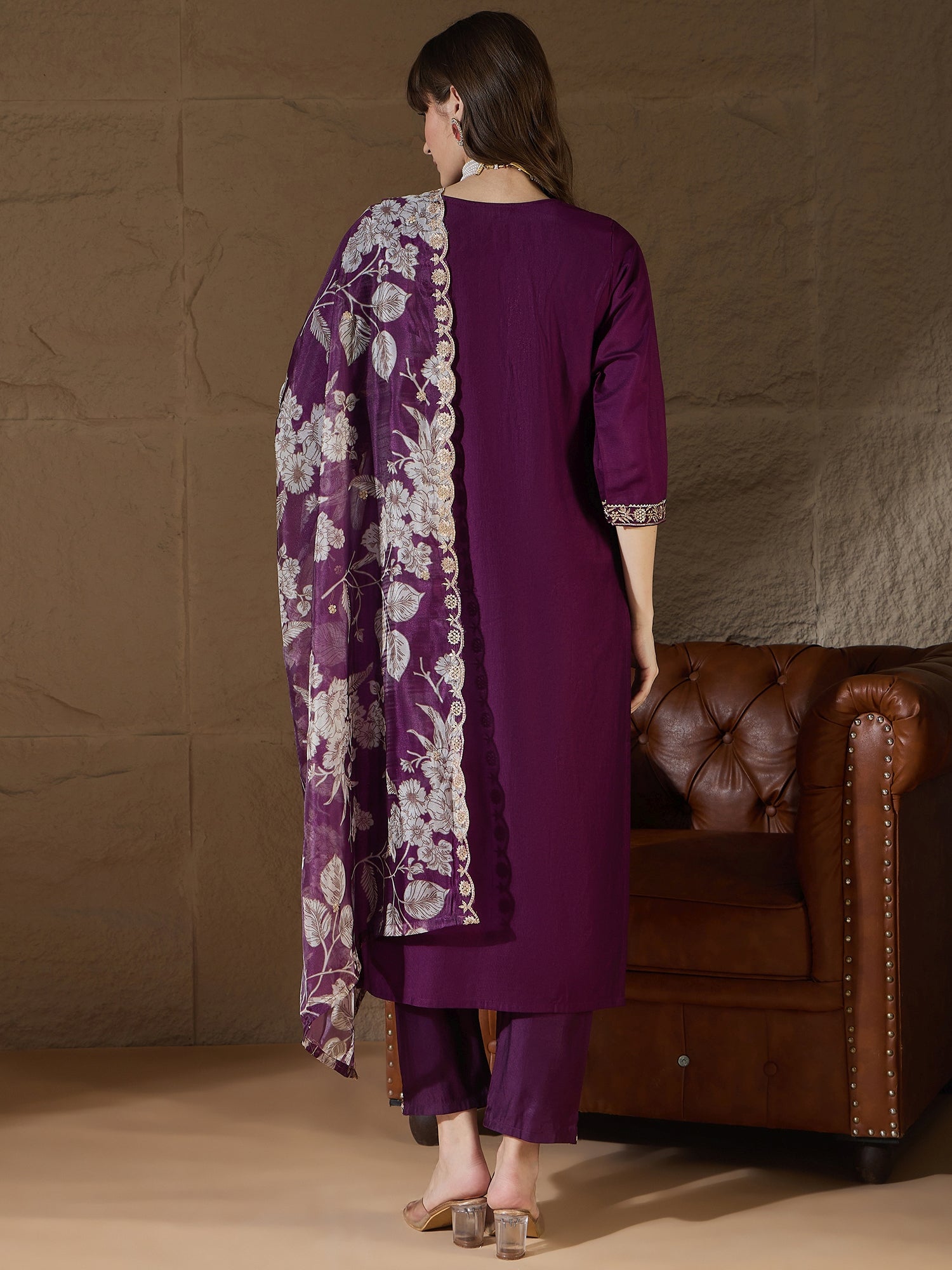 Kamakshi Charm Purple Yoke Design Silk Blend Straight Suit With Dupatta