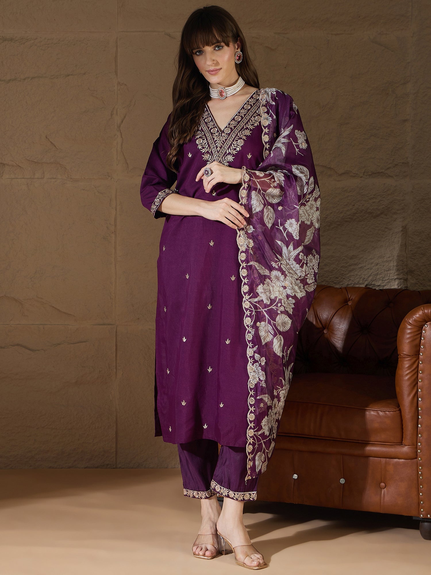 Chitra Charm Purple Yoke Design Silk Blend Straight Suit With Dupatta