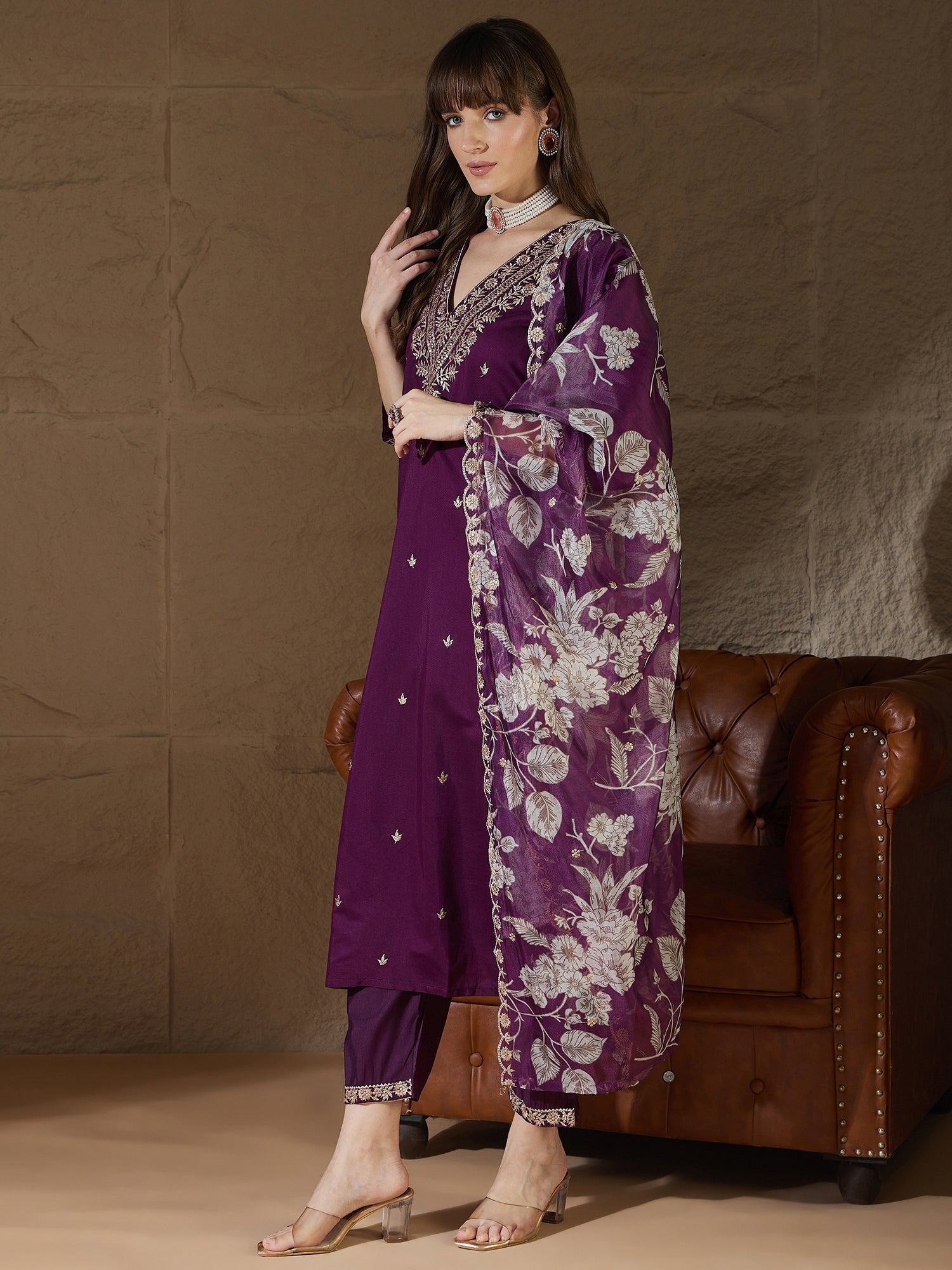Chitra Charm Purple Yoke Design Silk Blend Straight Suit With Dupatta