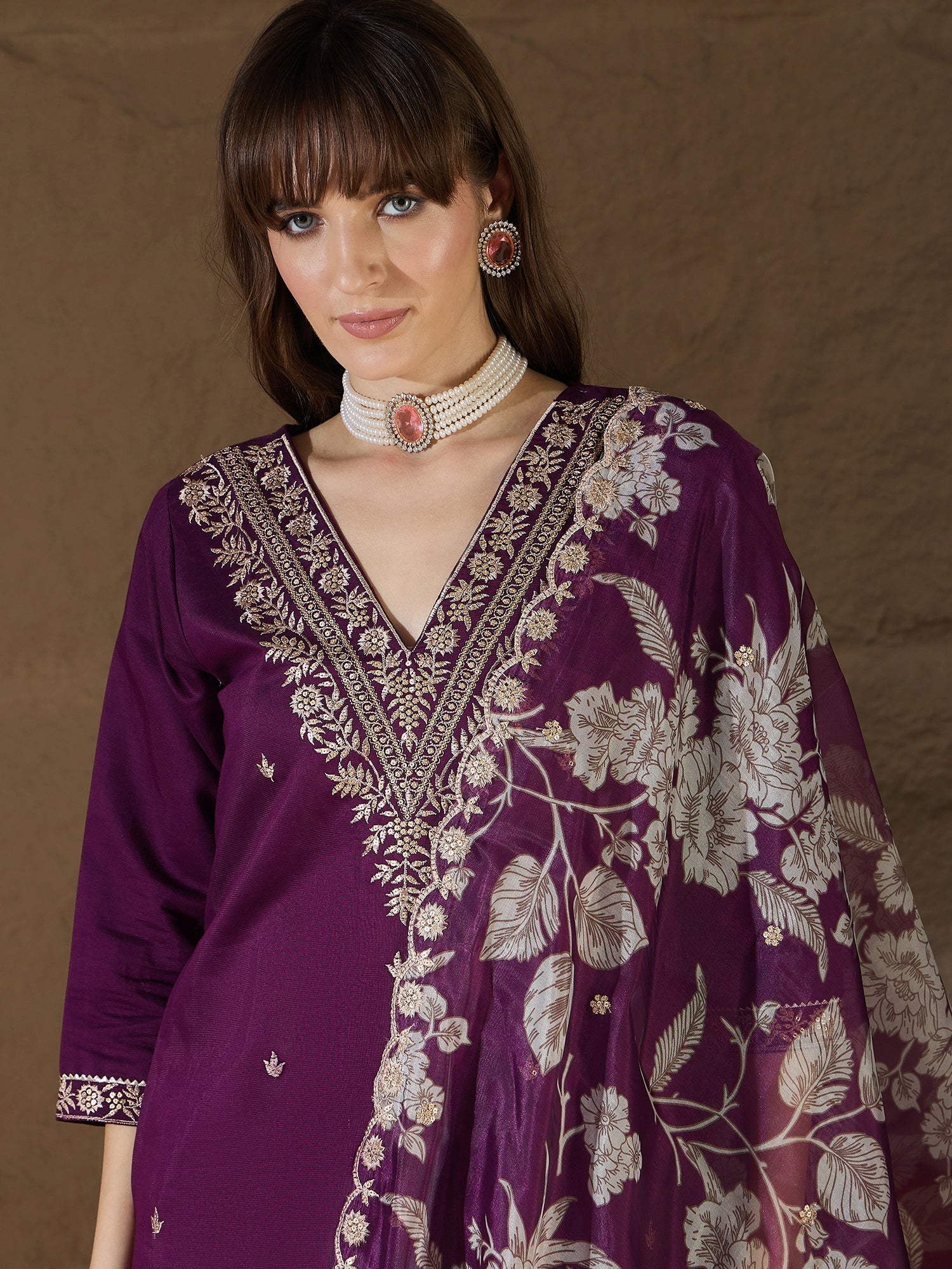 Kamakshi Charm Purple Yoke Design Silk Blend Straight Suit With Dupatta