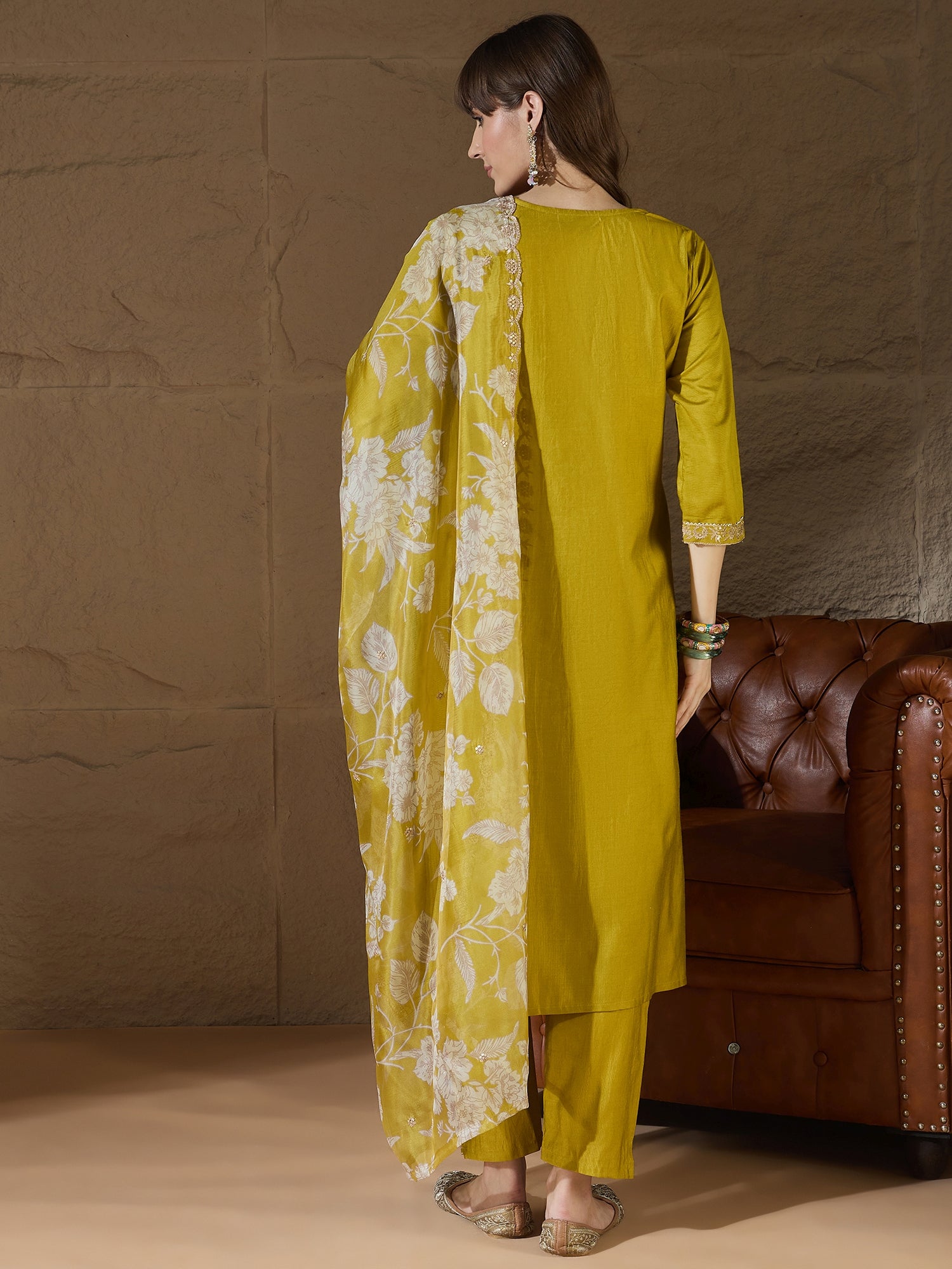 Chitra Charm Lemon Yoke Design Silk Blend Straight Suit With Dupatta