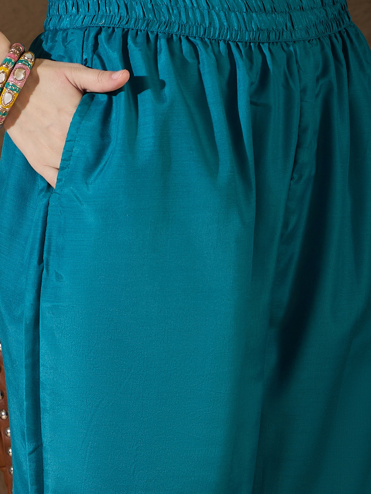 Saiyaara Teal Blue Cotton Silk Embellished Flared Suit Set