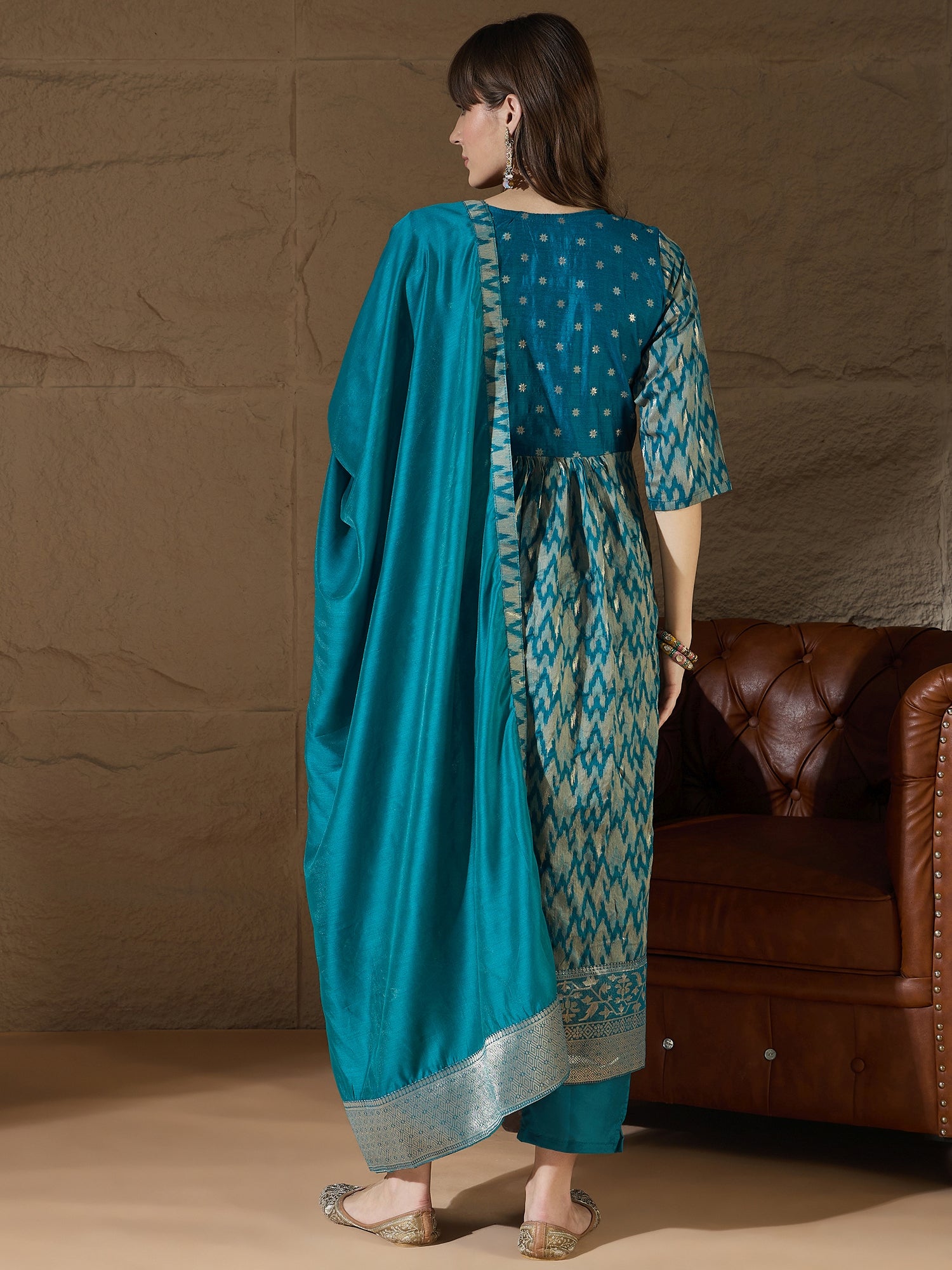 Saiyaara Teal Blue Cotton Silk Embellished Flared Suit Set