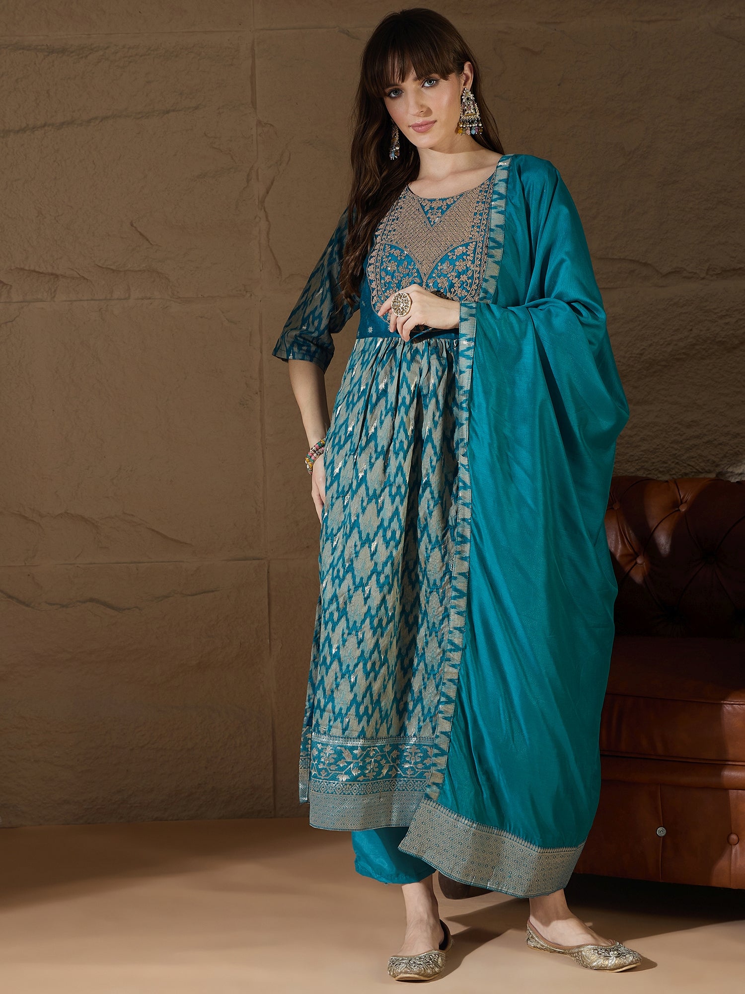 Saiyaara Teal Blue Cotton Silk Embellished Flared Suit Set