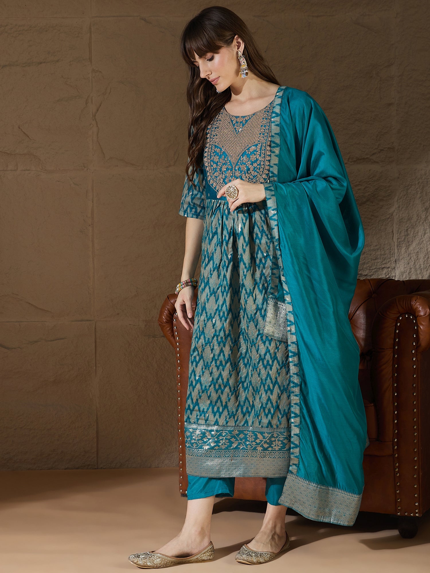 Saiyaara Teal Blue Cotton Silk Embellished Flared Suit Set
