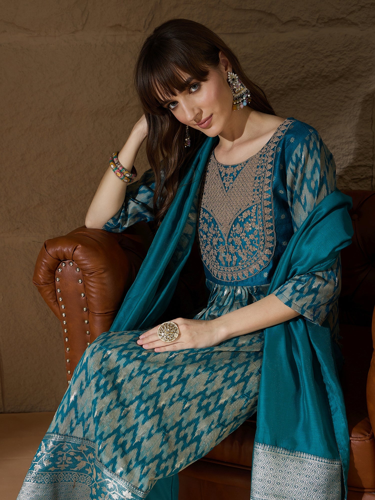 Saiyaara Teal Blue Cotton Silk Embellished Flared Suit Set