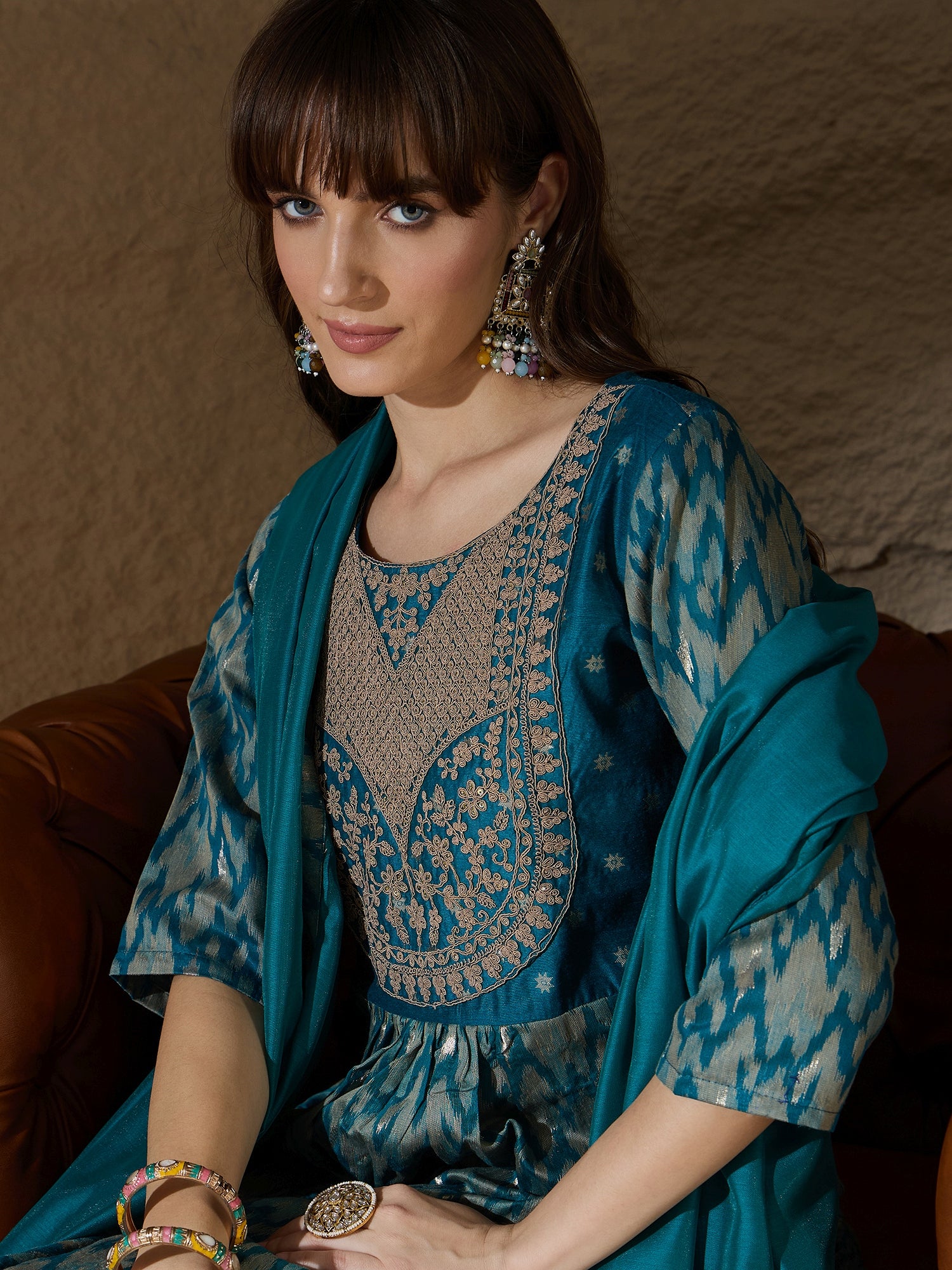 Saiyaara Teal Blue Cotton Silk Embellished Flared Suit Set