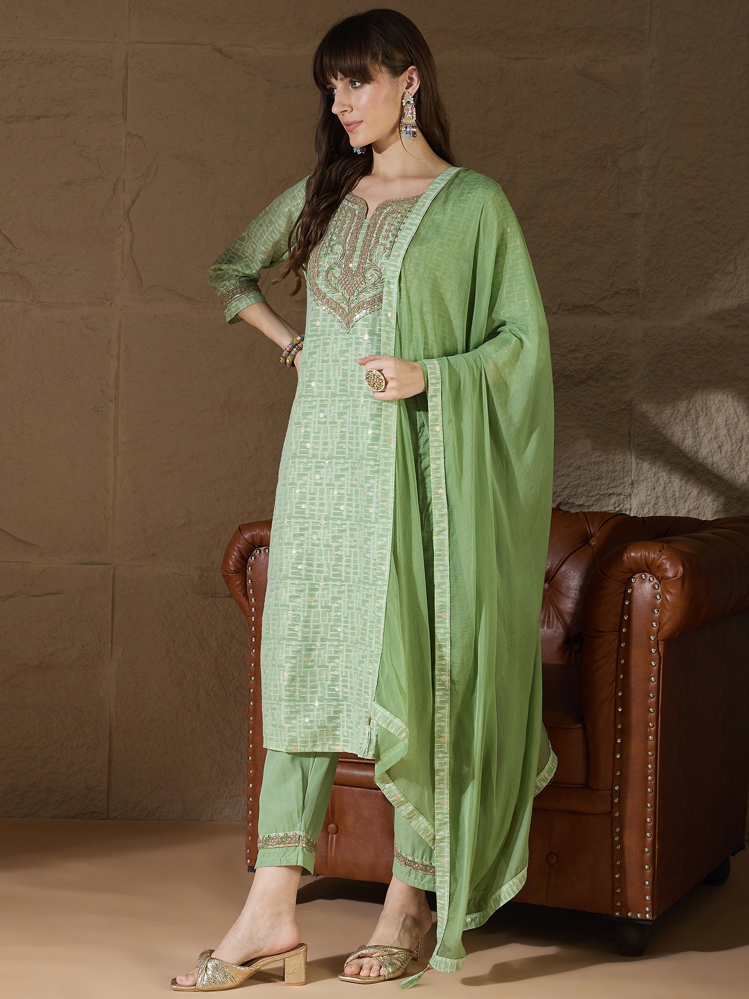 Ritu Women Kurta and Trouser Duppata Set With Embroidery Cotton Blend