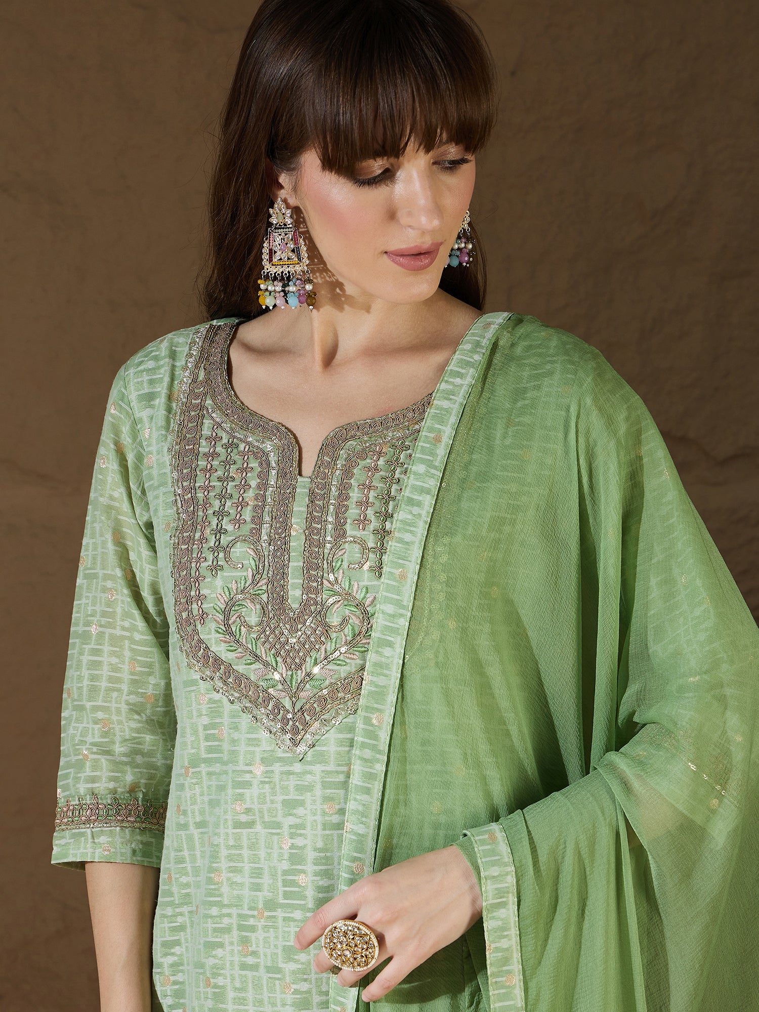 Ritu Women Kurta and Trouser Duppata Set With Embroidery Cotton Blend