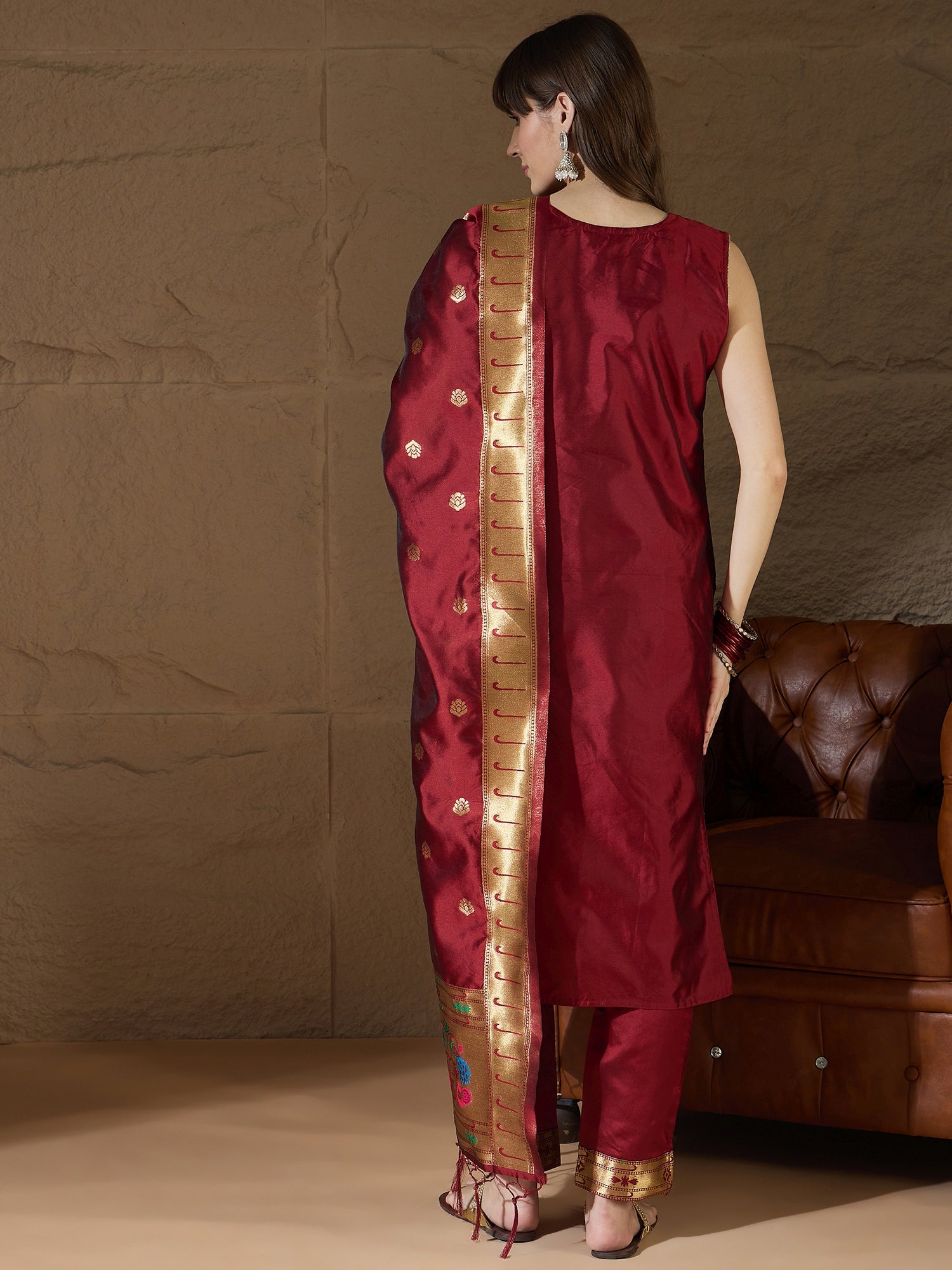 Sharvani Cotton Silk Maroon Jacquard Kurta Pant With Banarasi Silk dupatta