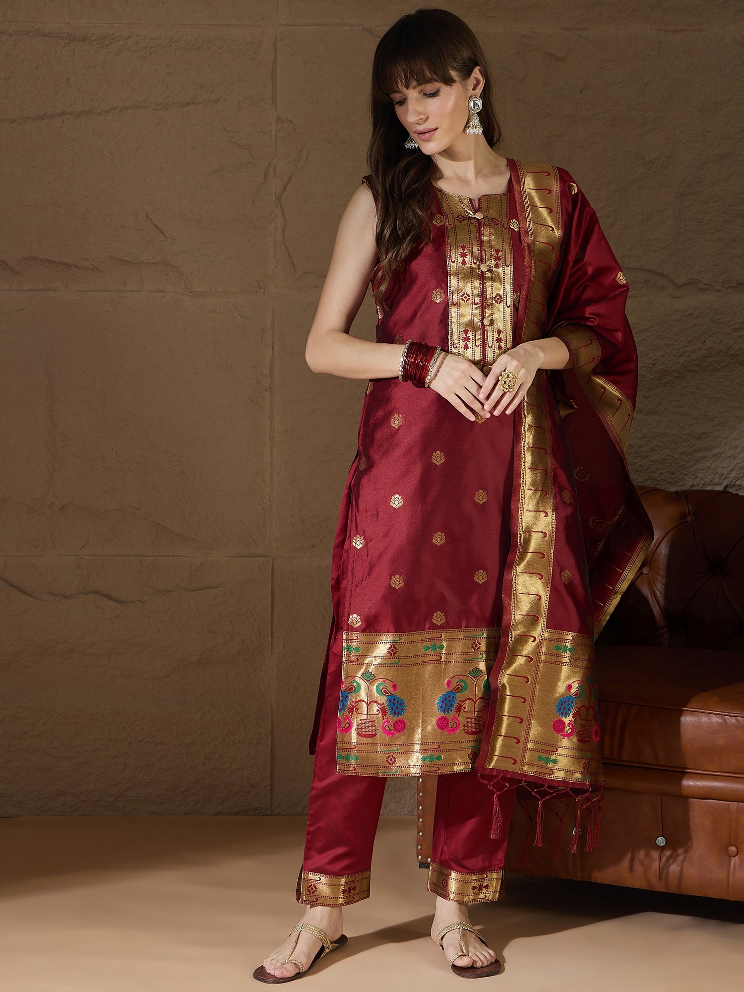 Sharvani Cotton Silk Maroon Jacquard Kurta Pant With Banarasi Silk dupatta
