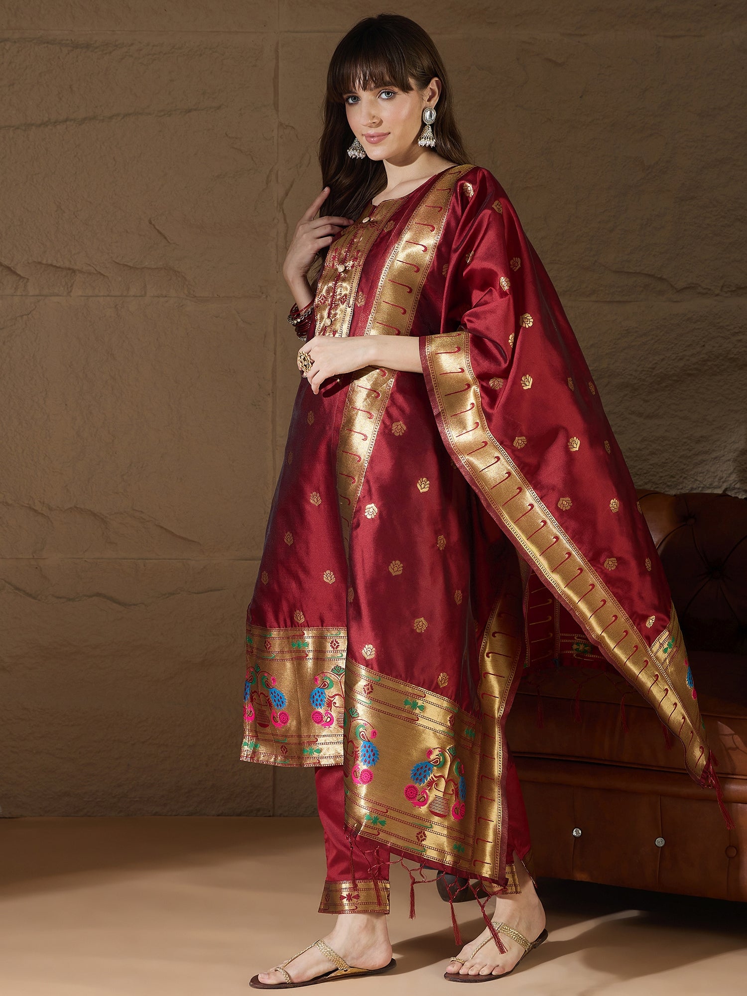 Sharvani Cotton Silk Maroon Jacquard Kurta Pant With Banarasi Silk dupatta