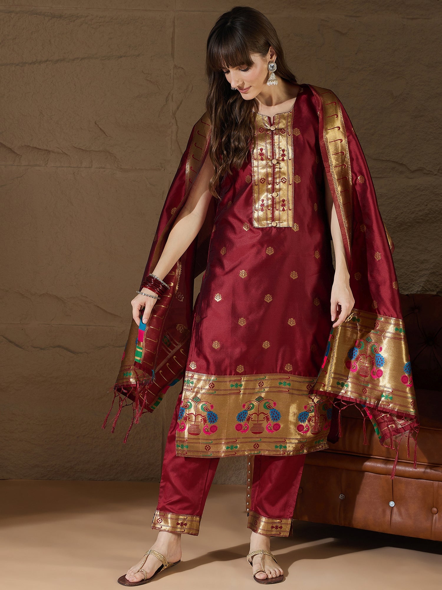 VredeVogel Cotton Silk Maroon Jacquard Kurta Pant With Banarasi Silk dupatta