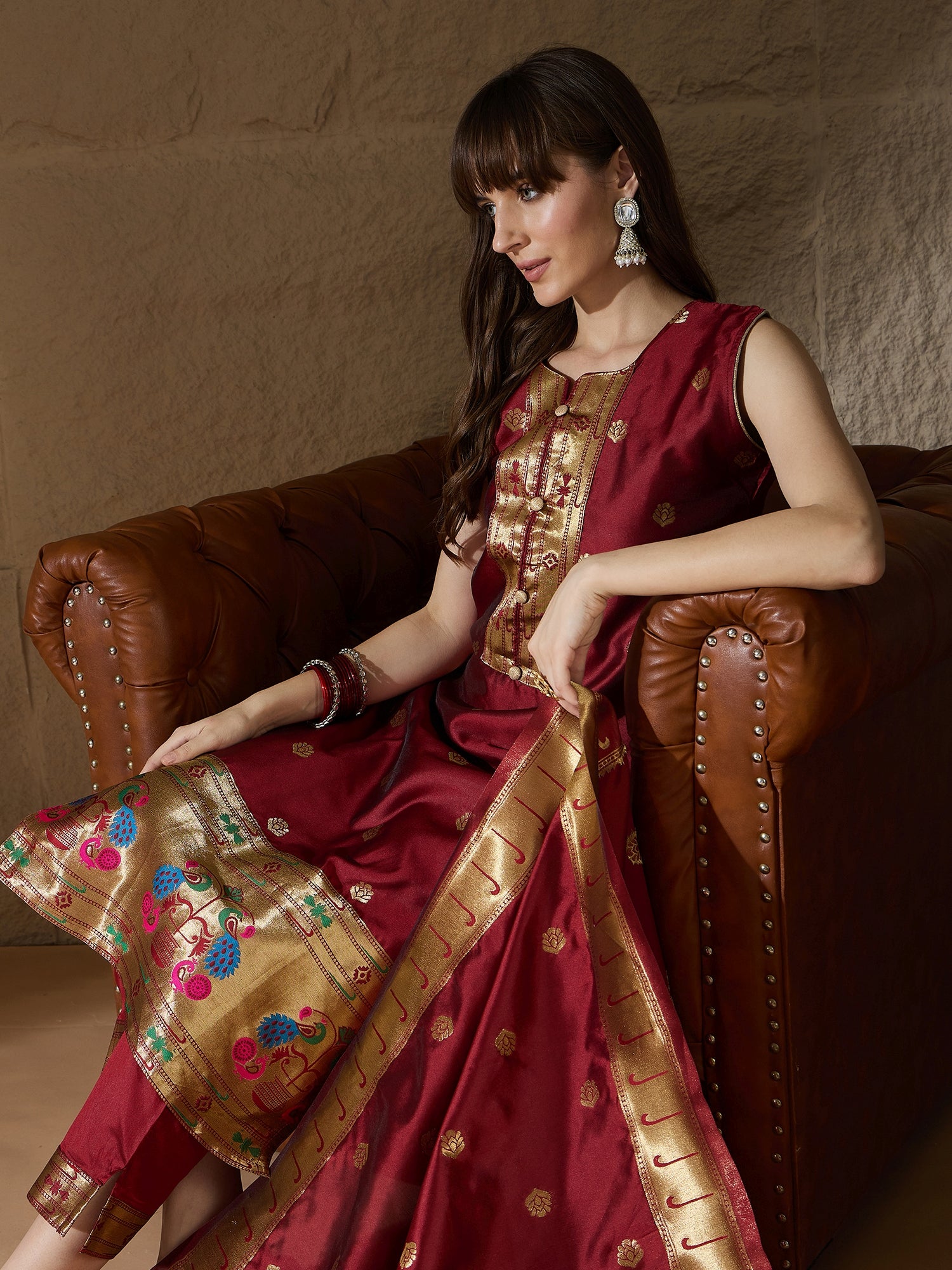 Sharvani Cotton Silk Maroon Jacquard Kurta Pant With Banarasi Silk dupatta