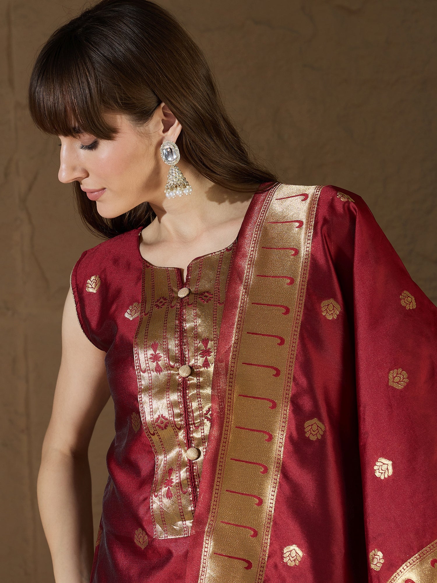 Sharvani Cotton Silk Maroon Jacquard Kurta Pant With Banarasi Silk dupatta