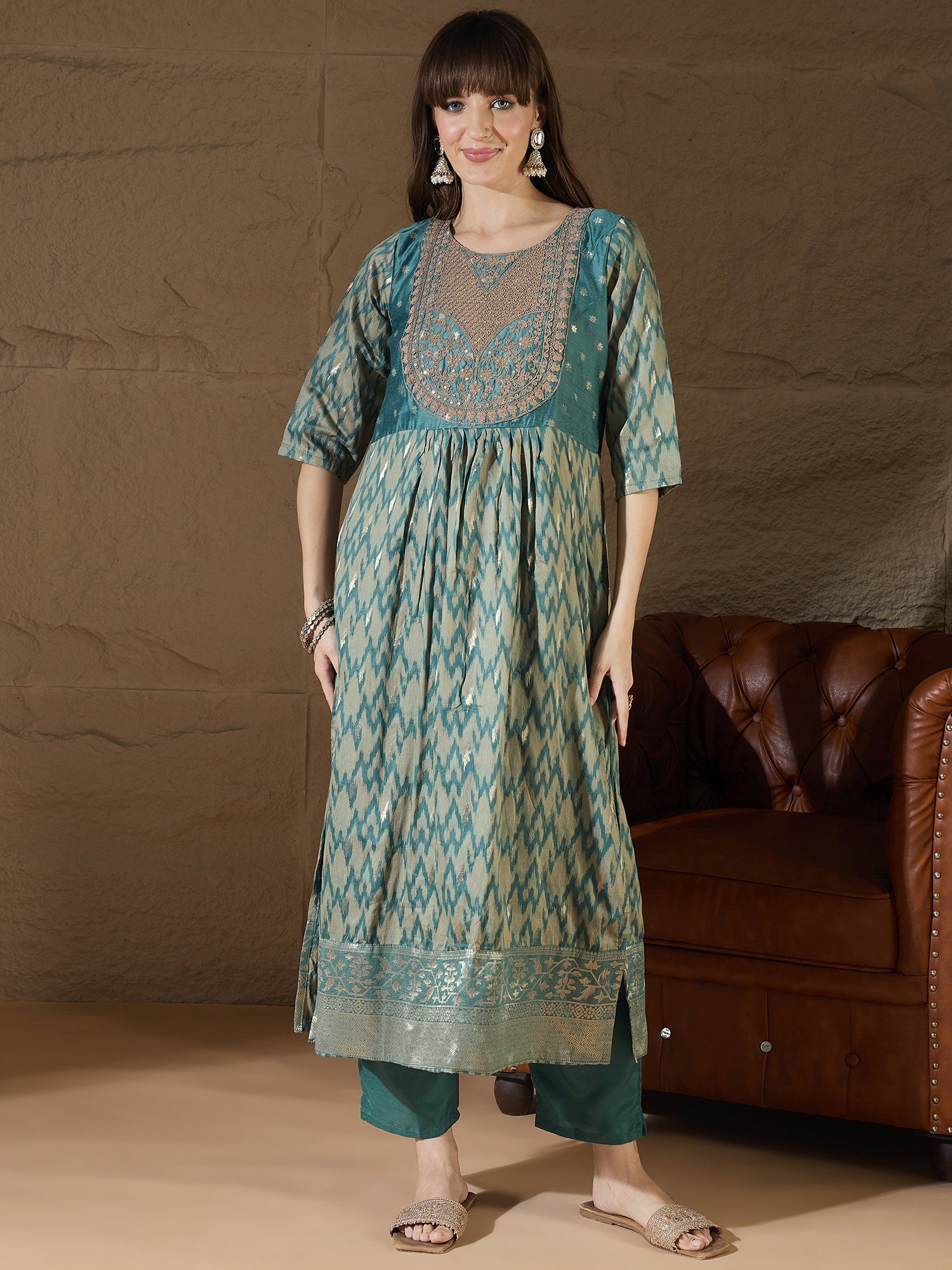 Saiyaara Light blue Cotton Silk Embellished Flared Suit Set