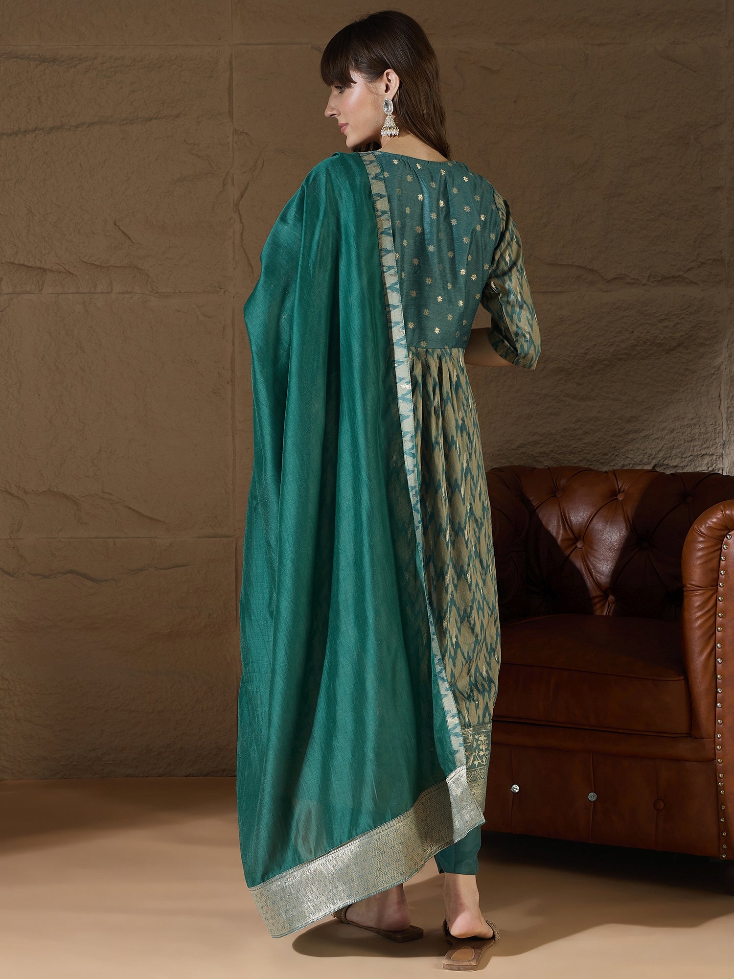 Saiyaara Light blue Cotton Silk Embellished Flared Suit Set