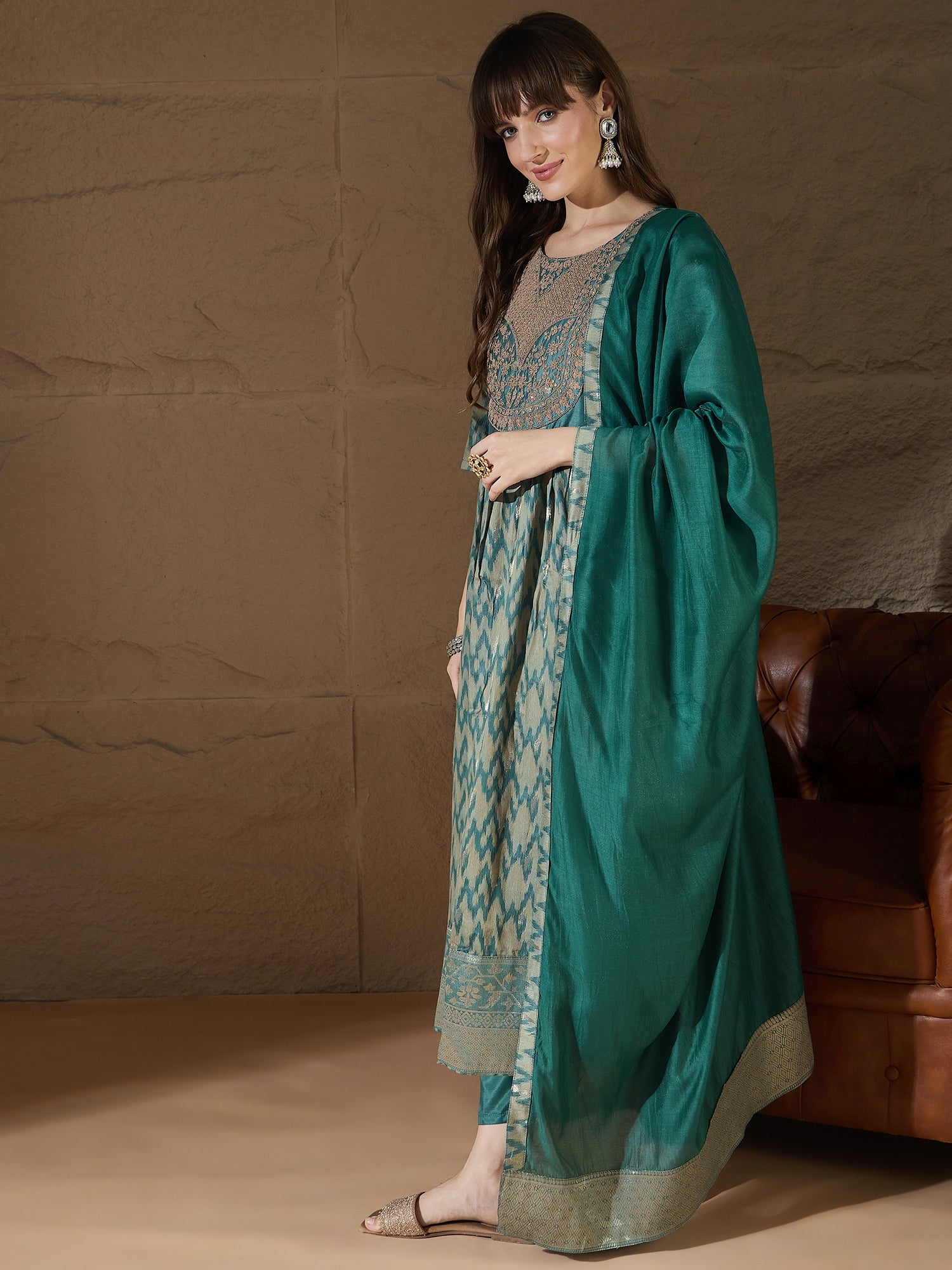 Saiyaara Light blue Cotton Silk Embellished Flared Suit Set
