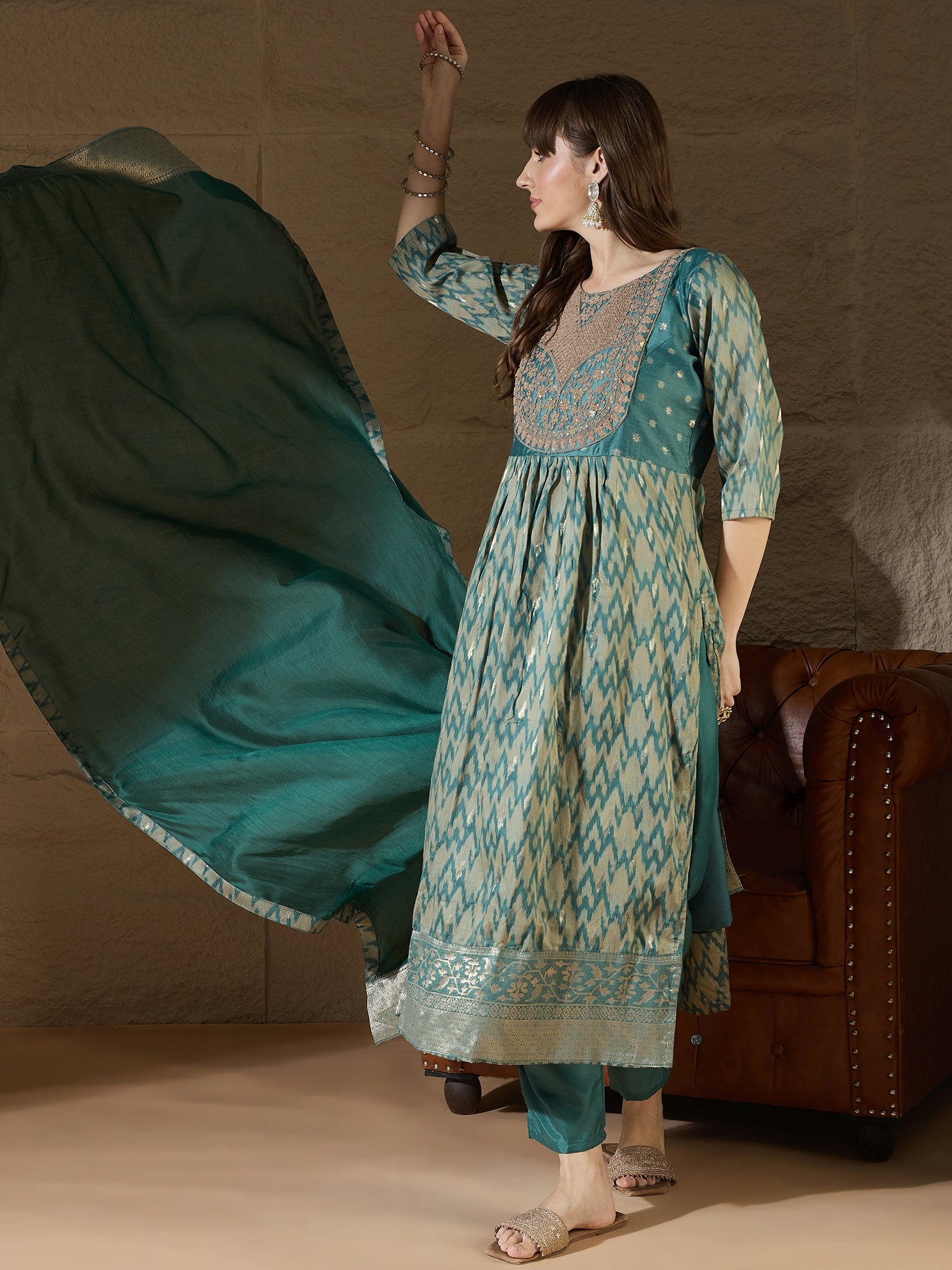 Saiyaara Light blue Cotton Silk Embellished Flared Suit Set