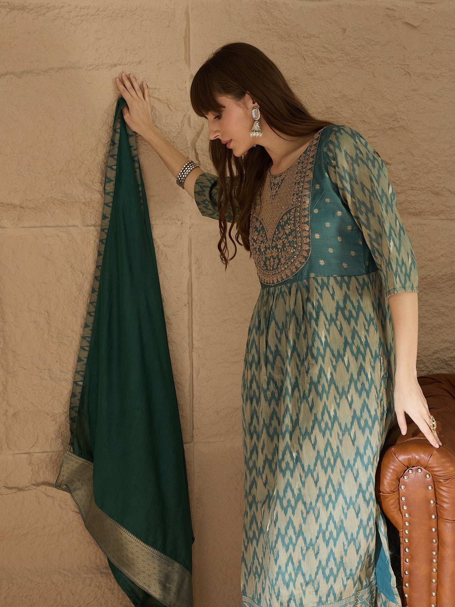 Saiyaara Light blue Cotton Silk Embellished Flared Suit Set