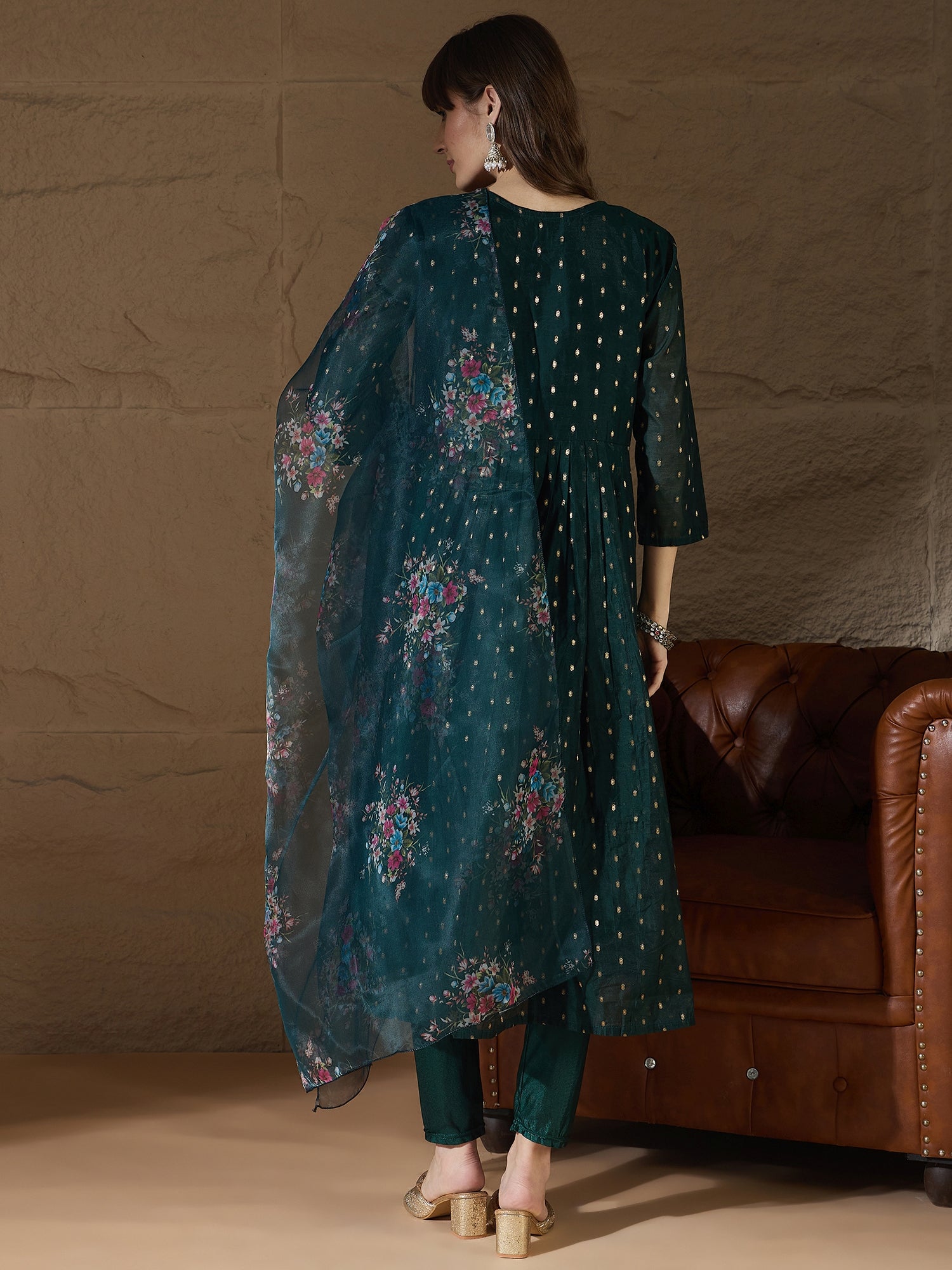 Neelangi Green Women Kurta and Leggings Duppata Set Chanderi Modal Butti