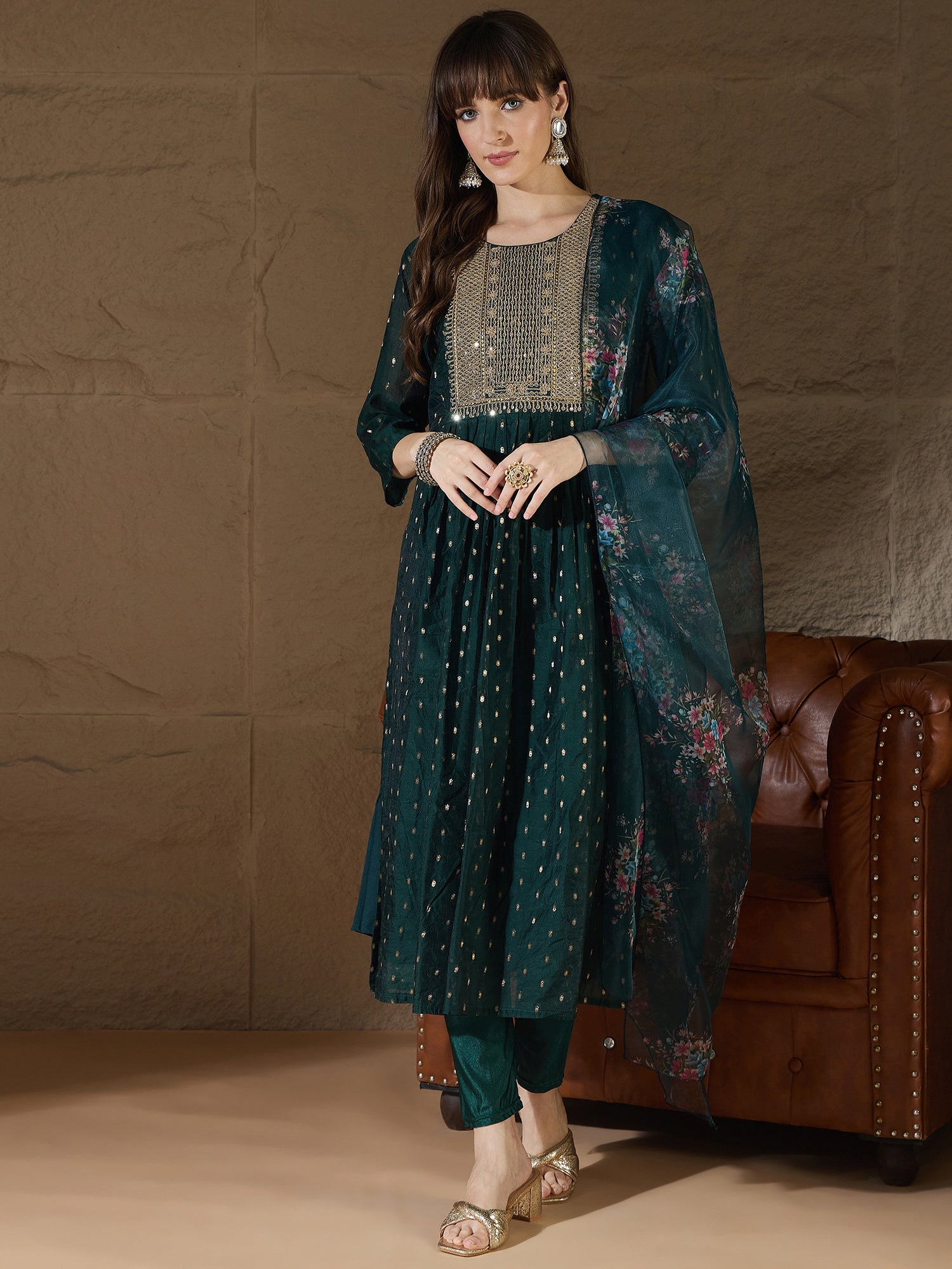 Neelangi Green Women Kurta and Leggings Duppata Set Chanderi Modal Butti