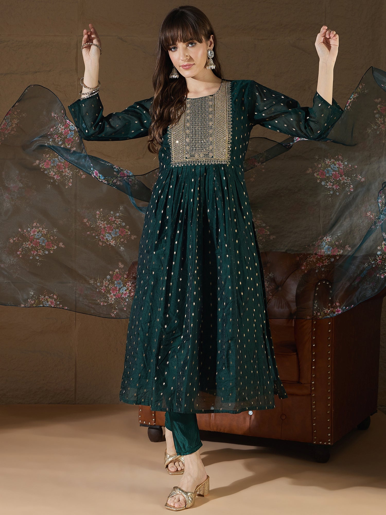 Neelangi Green Women Kurta and Leggings Duppata Set Chanderi Modal Butti