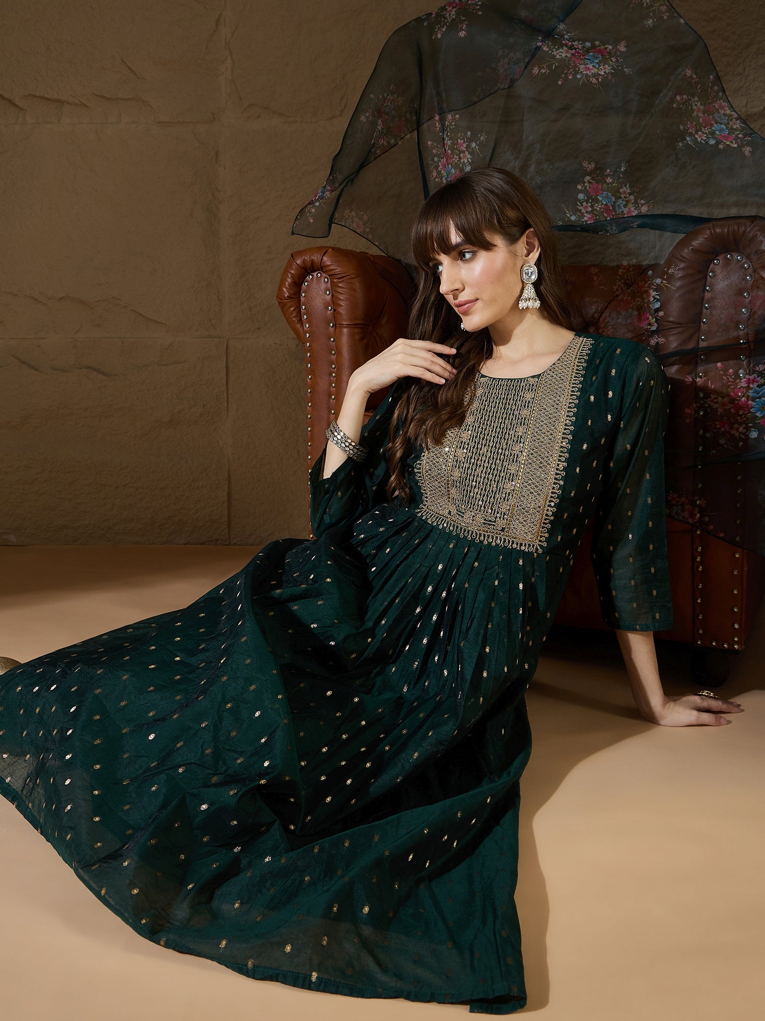 Neelangi Green Women Kurta and Leggings Duppata Set Chanderi Modal Butti