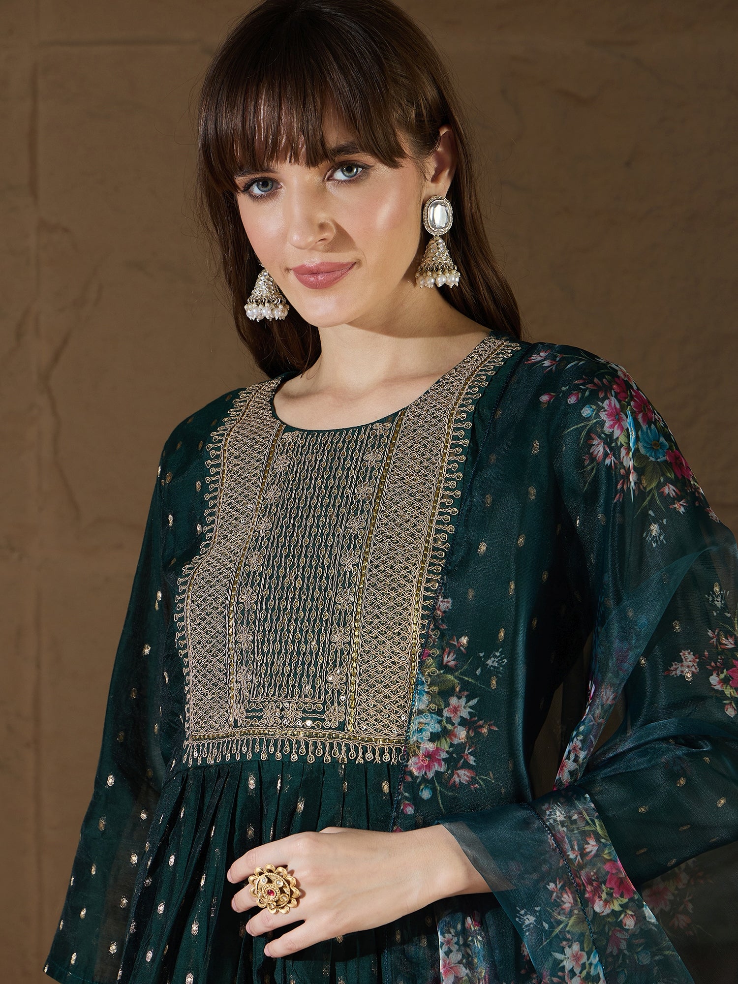 Neelangi Green Women Kurta and Leggings Duppata Set Chanderi Modal Butti