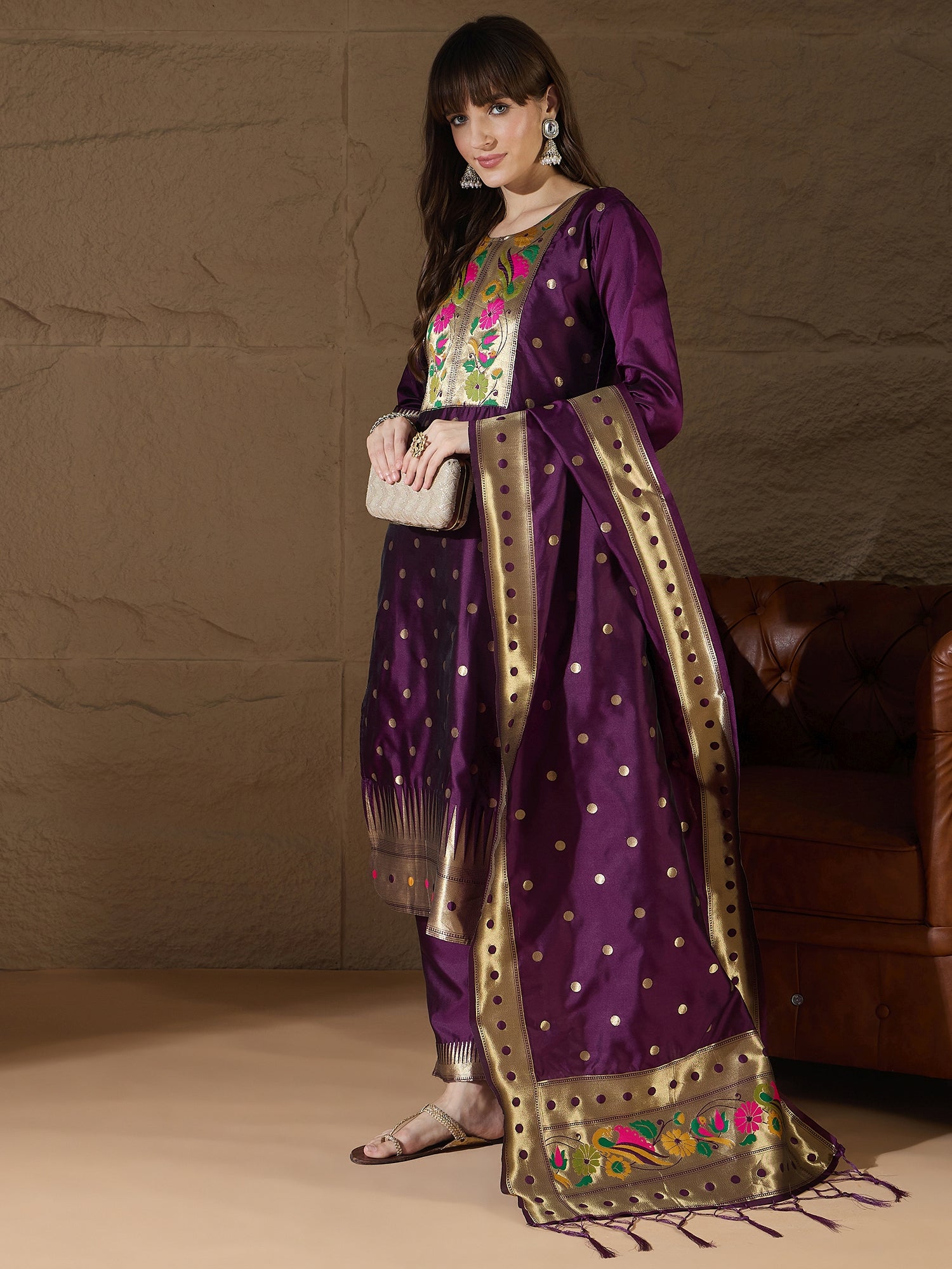 Aanira Purple Cotton Silk Jacquard Kurta Pant With Banarasi Silk dupatta