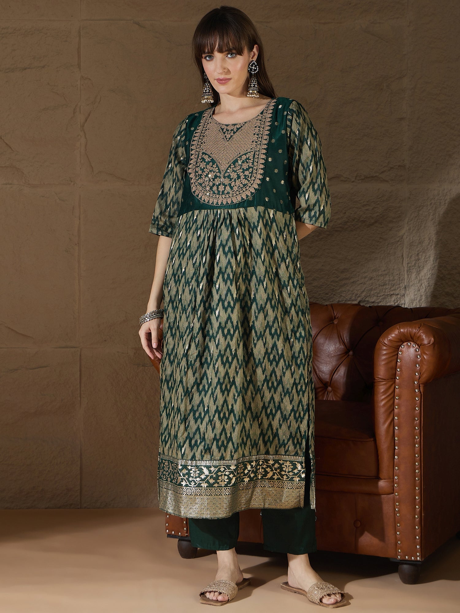 Saumya Green Cotton Silk Embellished Flared Suit Set