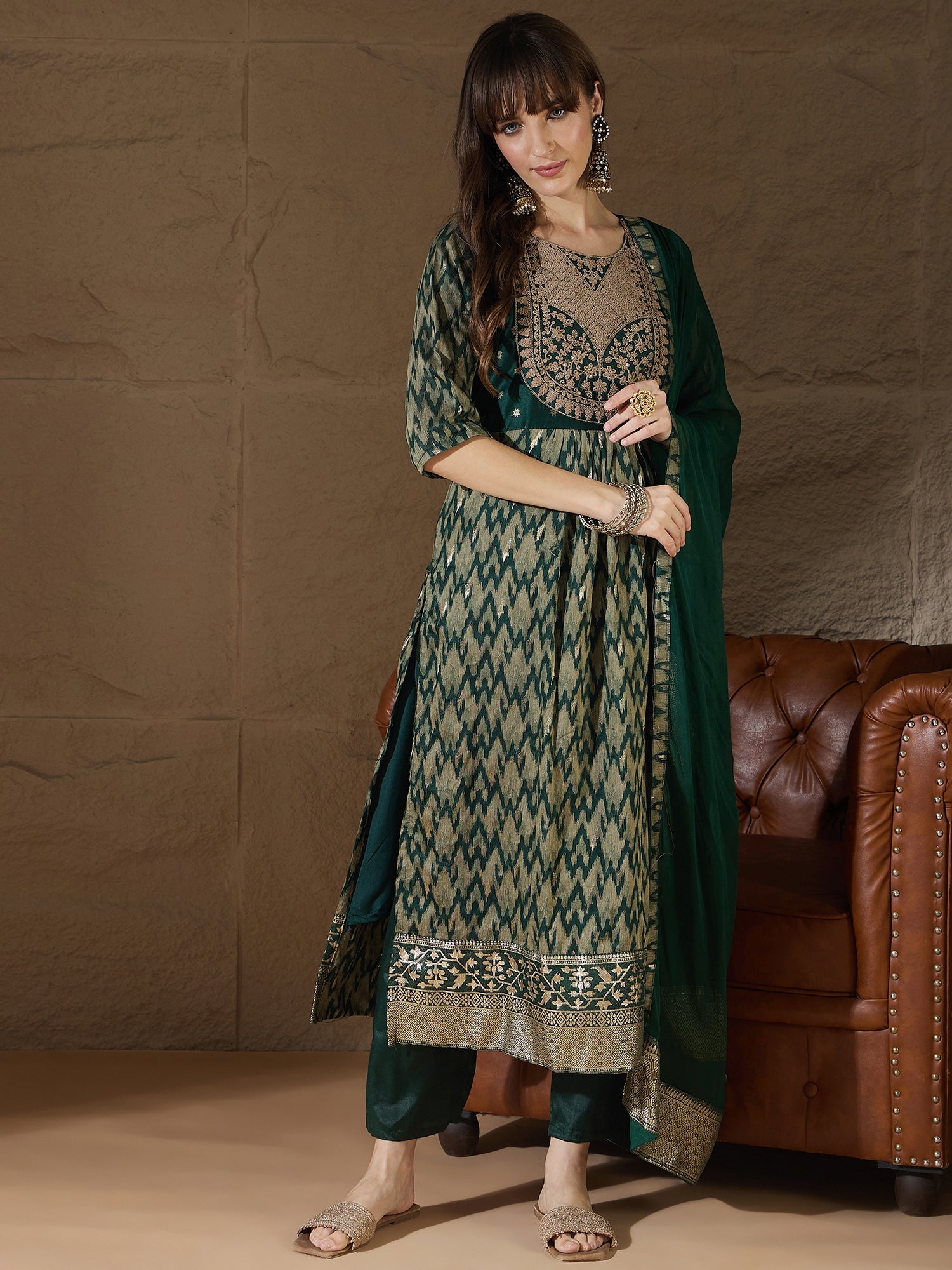 Saumya Green Cotton Silk Embellished Flared Suit Set