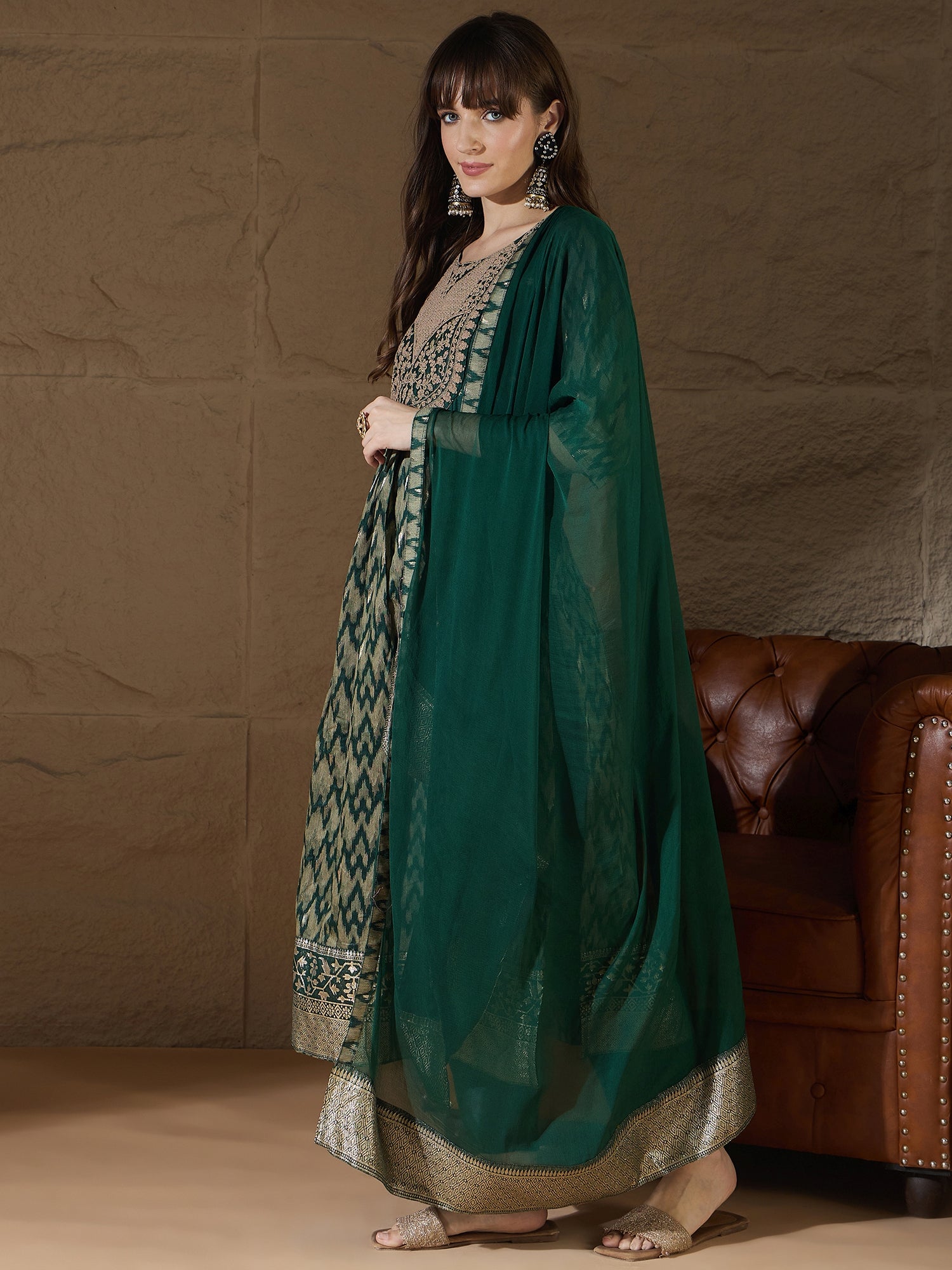 Saumya Green Cotton Silk Embellished Flared Suit Set