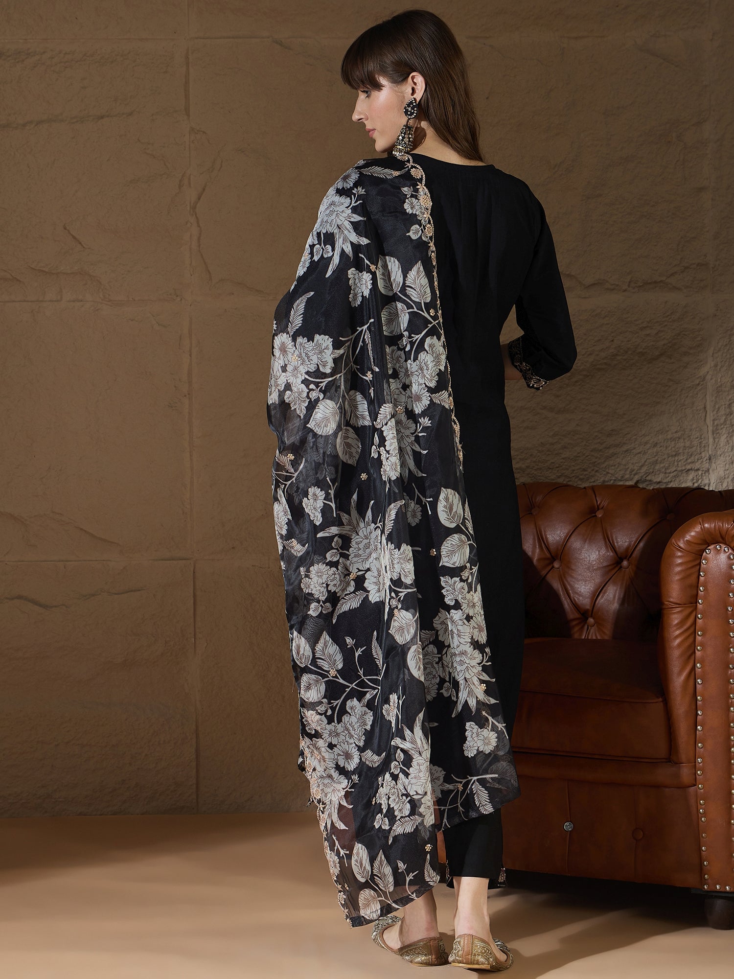 Chitra Charm black Yoke Design Silk Blend Straight Suit With Dupatta