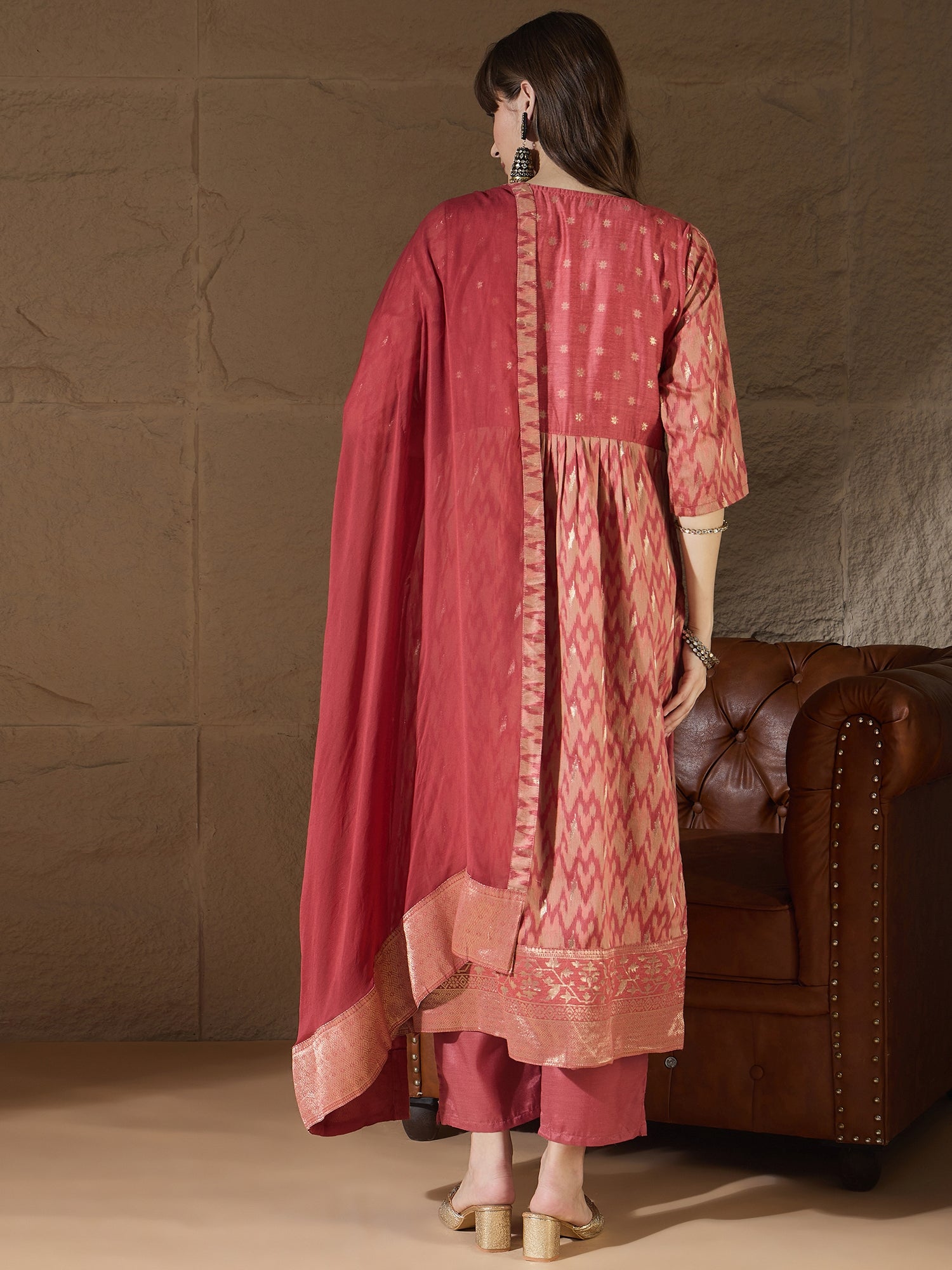 Saiyaara Peach Cotton Silk Embellished Flared Suit Set