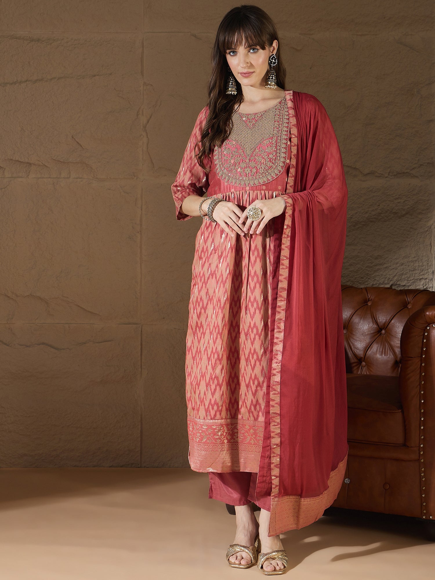 Saiyaara Peach Cotton Silk Embellished Flared Suit Set