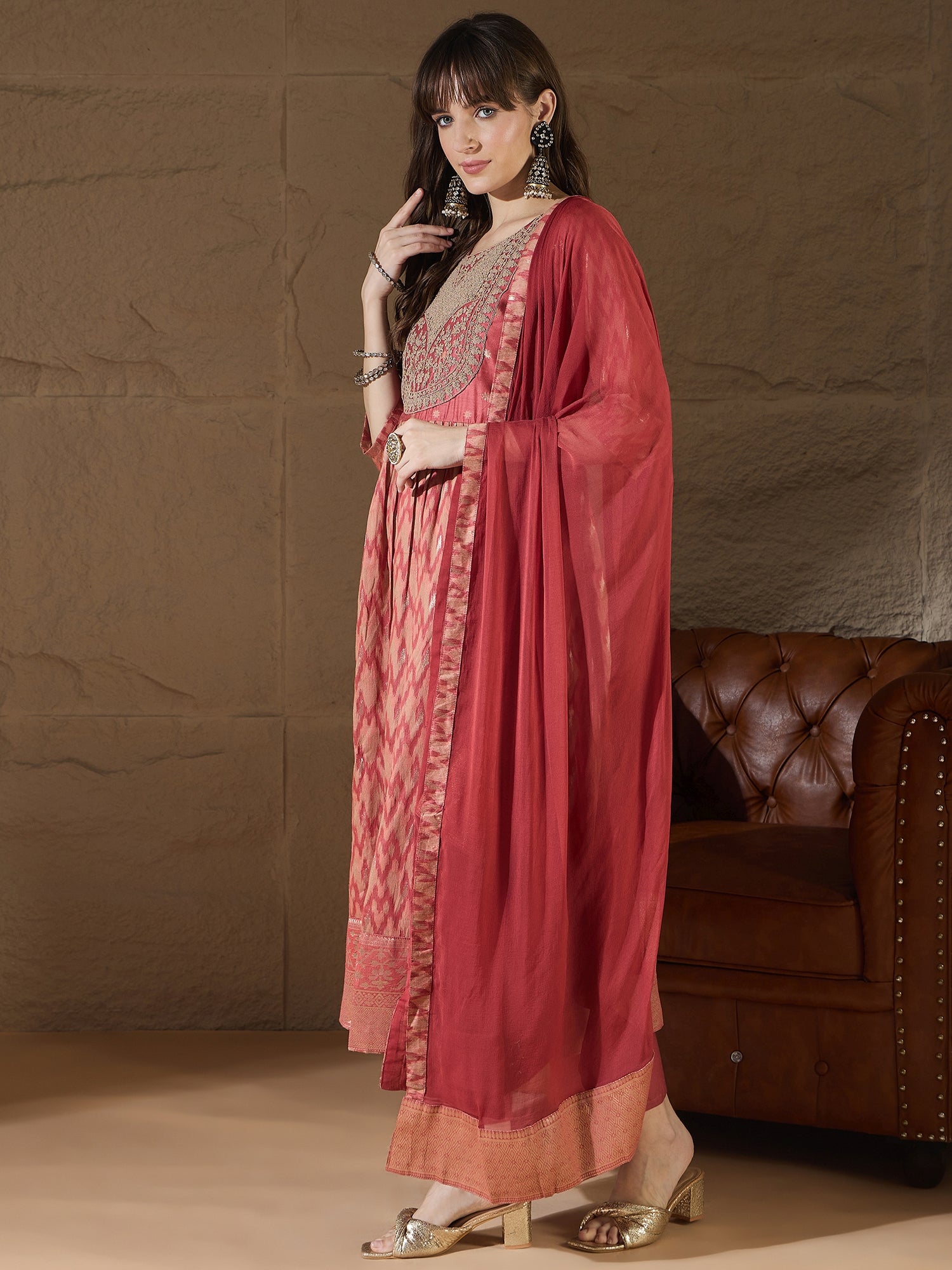 Saiyaara Peach Cotton Silk Embellished Flared Suit Set