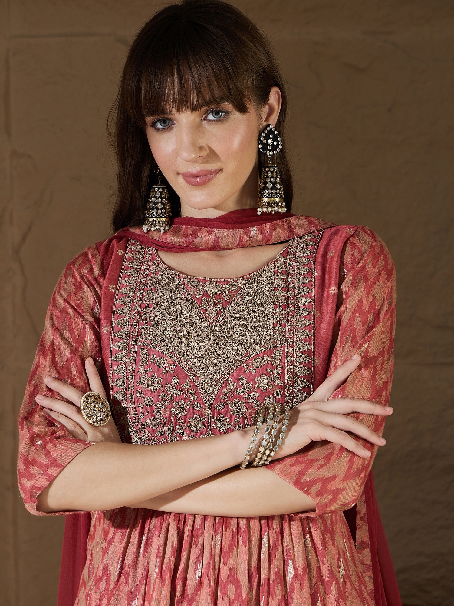 Saiyaara Peach Cotton Silk Embellished Flared Suit Set