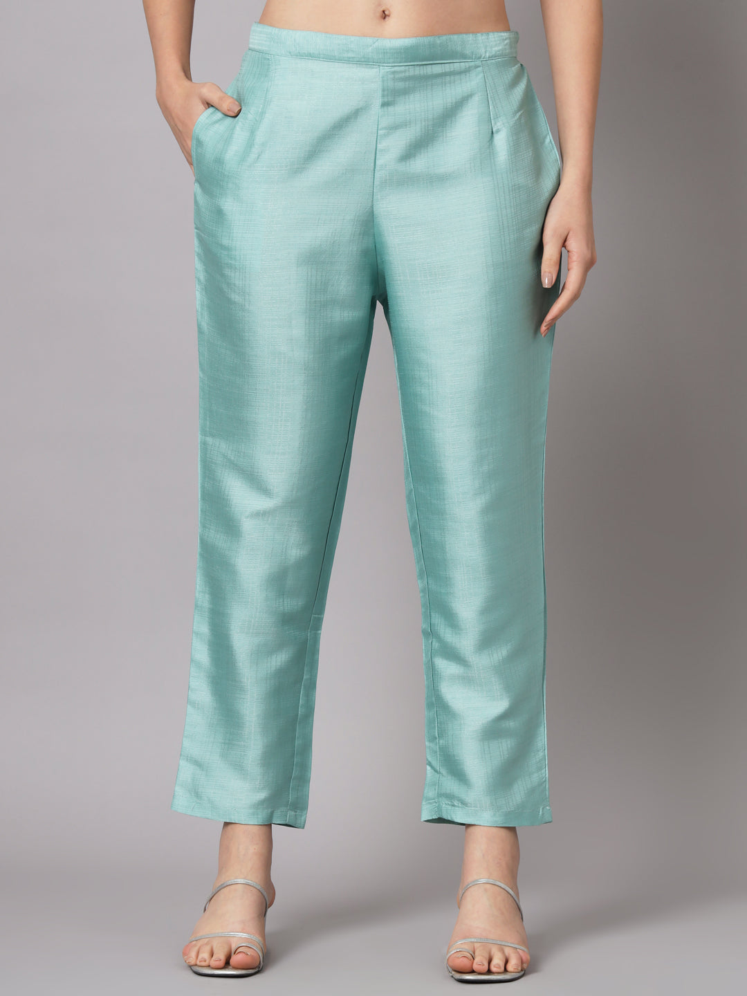 Sea Green Women Cotton Silk Blend Plain Straight Kurta Set with Trousers & Dupatta