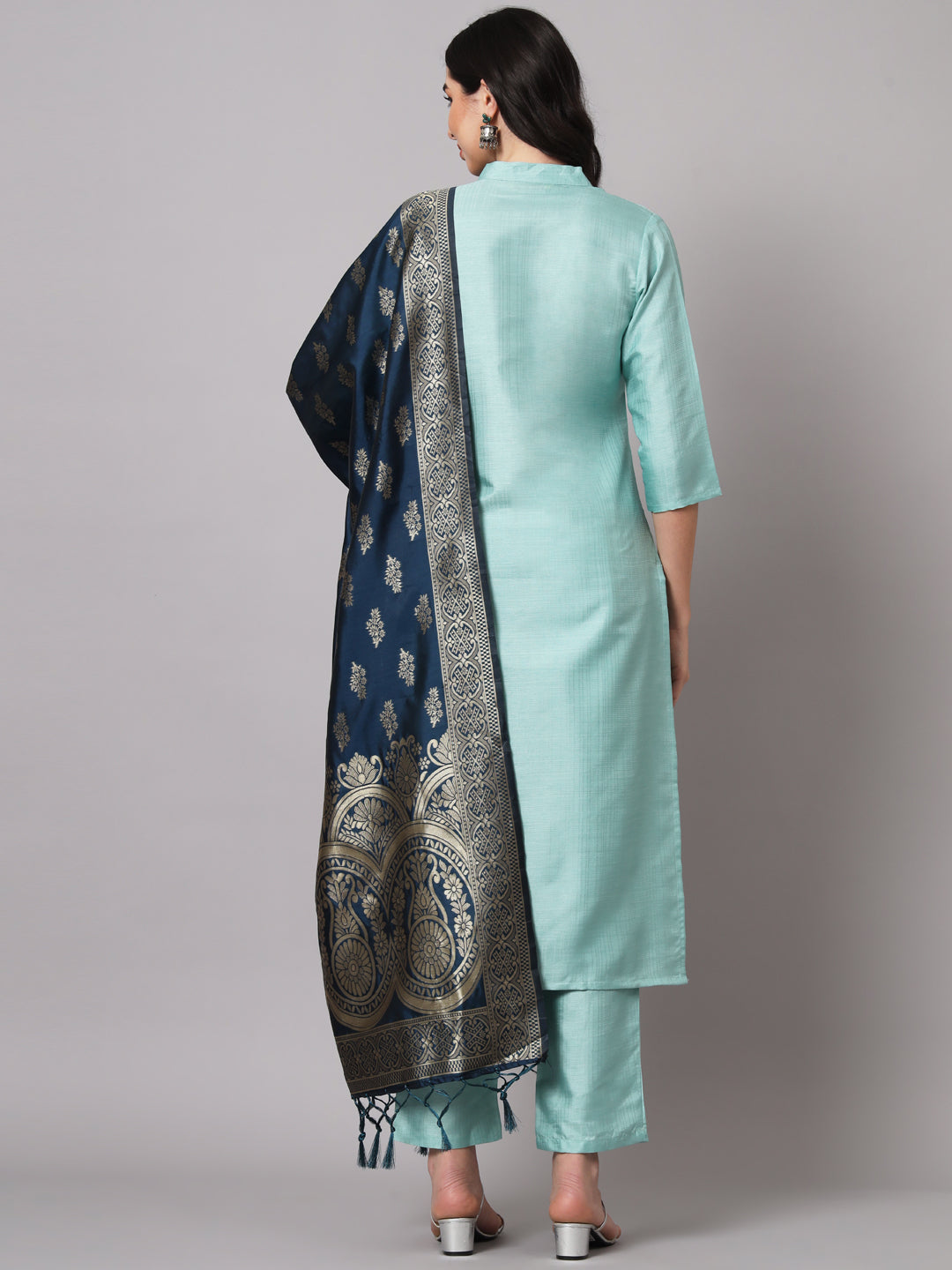 Sea Green Women Cotton Silk Blend Plain Straight Kurta Set with Trousers & Dupatta