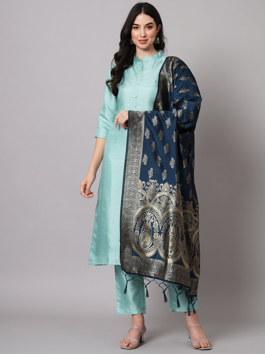 Sea Green Women Cotton Silk Blend Plain Straight Kurta Set with Trousers & Dupatta
