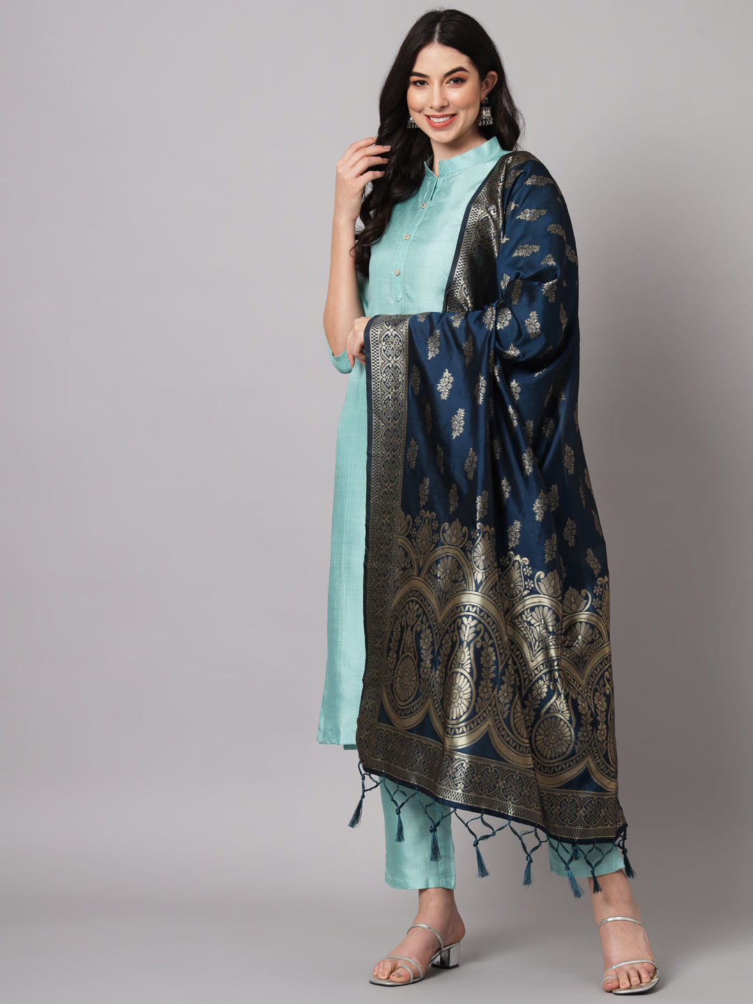 Sea Green Women Cotton Silk Blend Plain Straight Kurta Set with Trousers & Dupatta