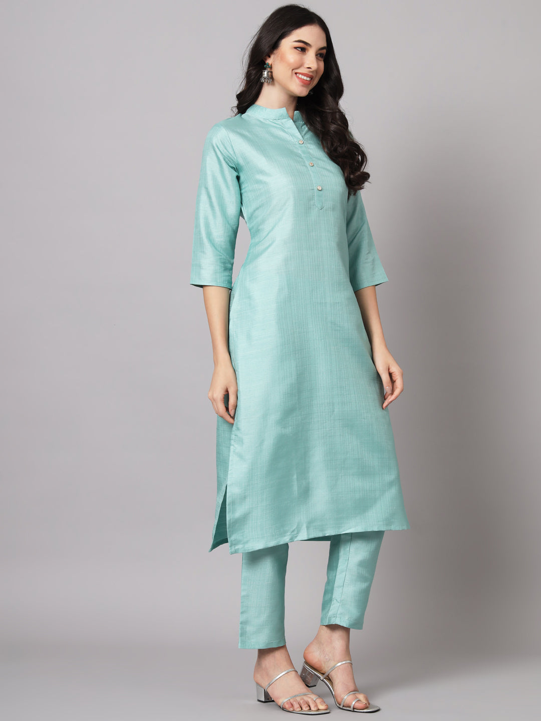 Sea Green Women Cotton Silk Blend Plain Straight Kurta Set with Trousers & Dupatta
