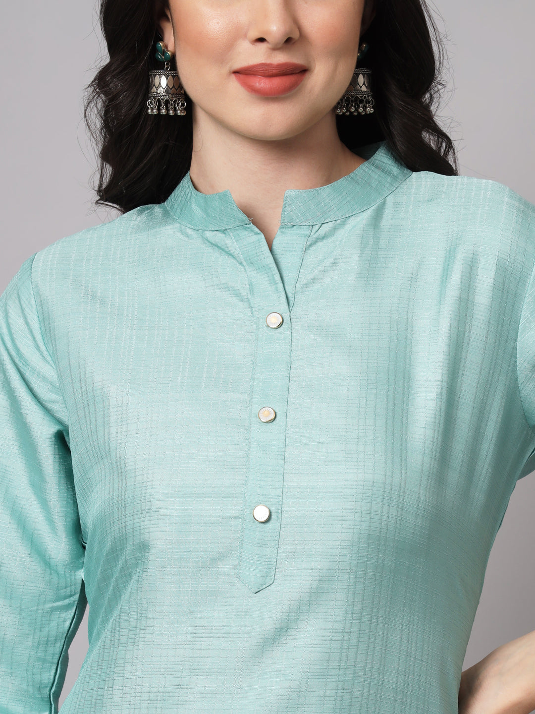 Sea Green Women Cotton Silk Blend Plain Straight Kurta Set with Trousers & Dupatta