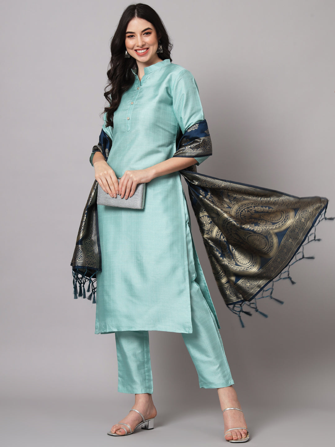 Sea Green Women Cotton Silk Blend Plain Straight Kurta Set with Trousers & Dupatta