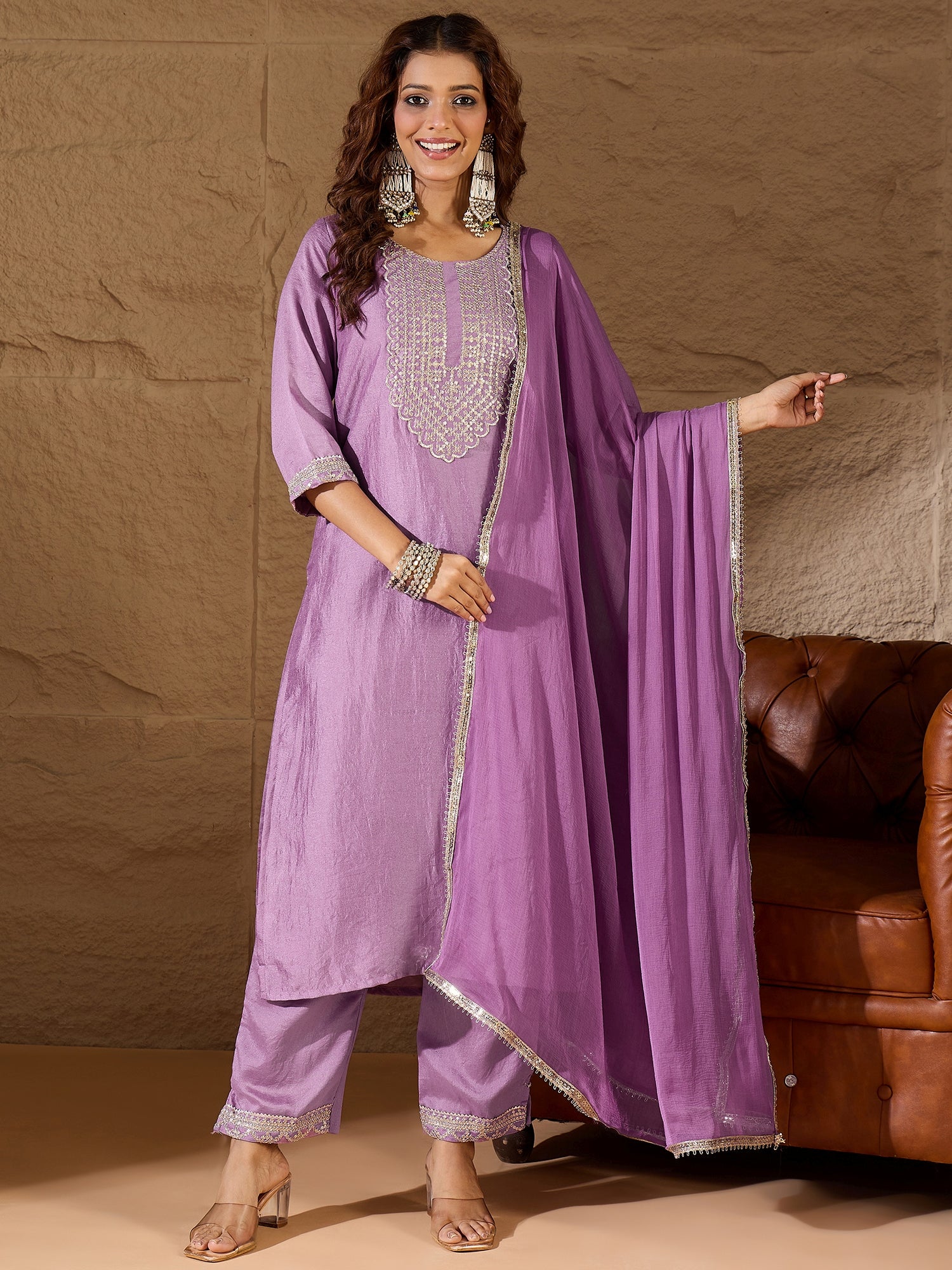Kabita Lavender Silk Blend Yoke Design Kurta and Trousers Pant Set